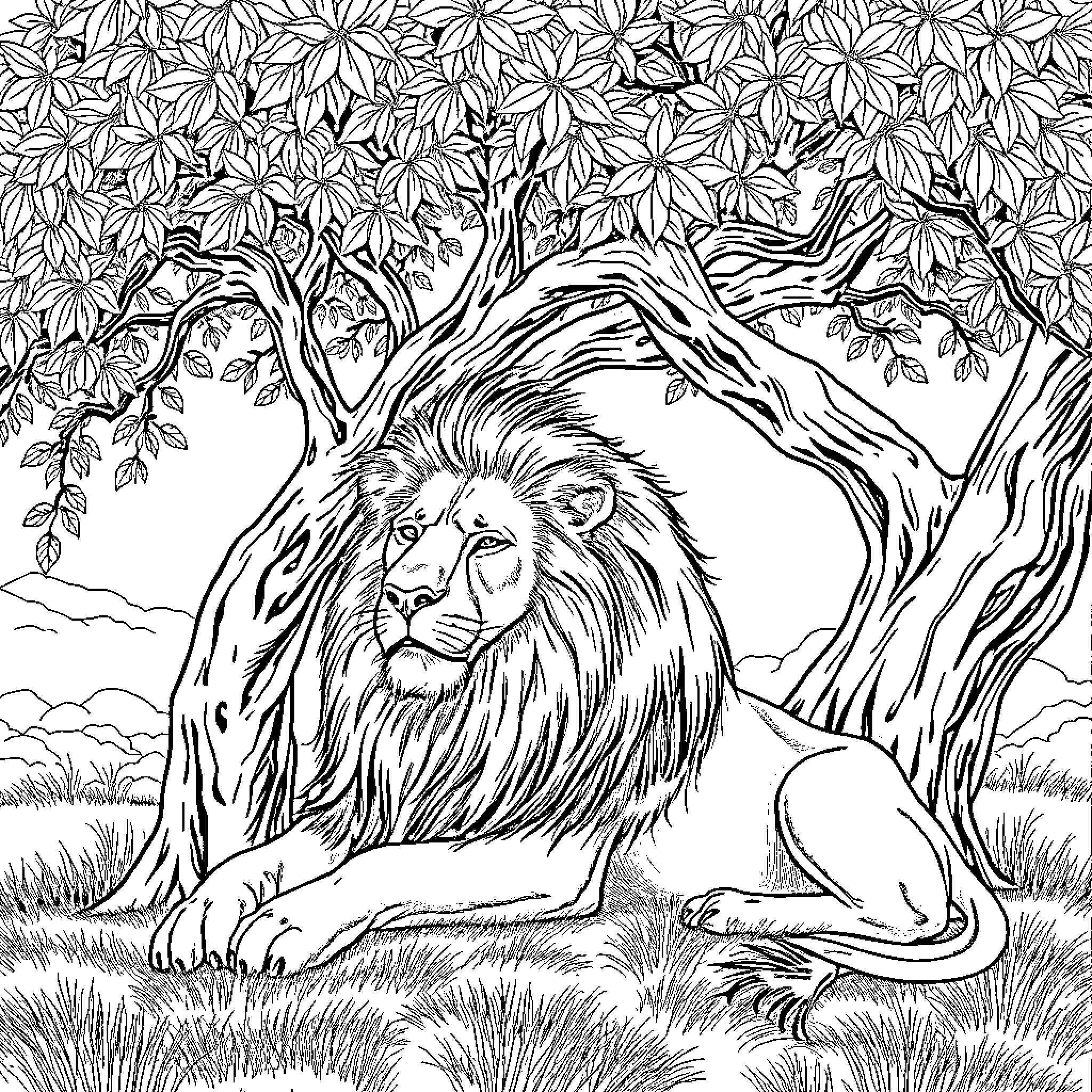 Lion resting peacefully in lush forest setting Coloring Page (free black-and-white line drawing printable PDF for all, from beginners to advanced learners, including children, teens, adults, and seniors)