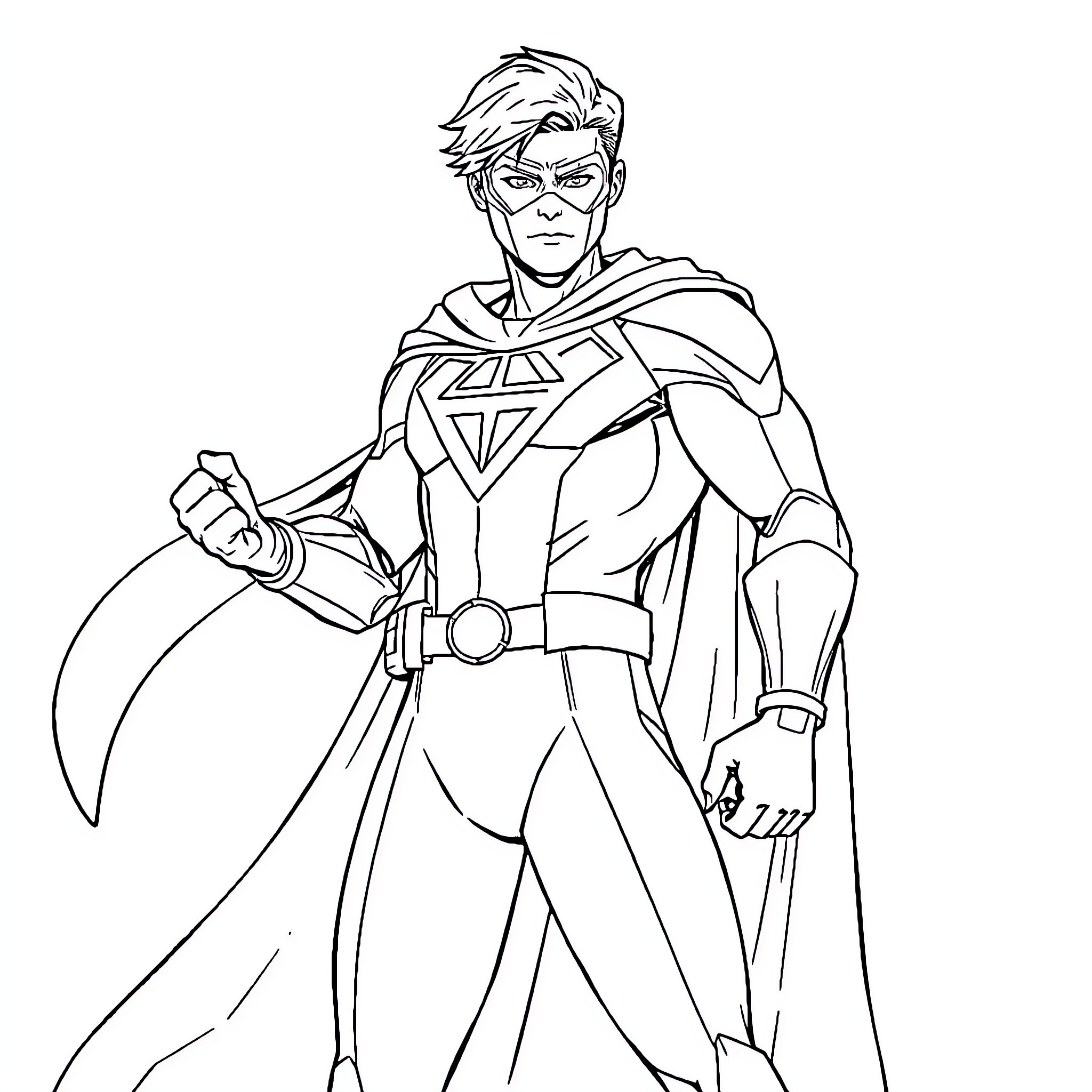Superhero in action pose with cape and emblem Coloring Page (free black-and-white line drawing printable PDF for all, from beginners to advanced learners, including children, teens, adults, and seniors)
