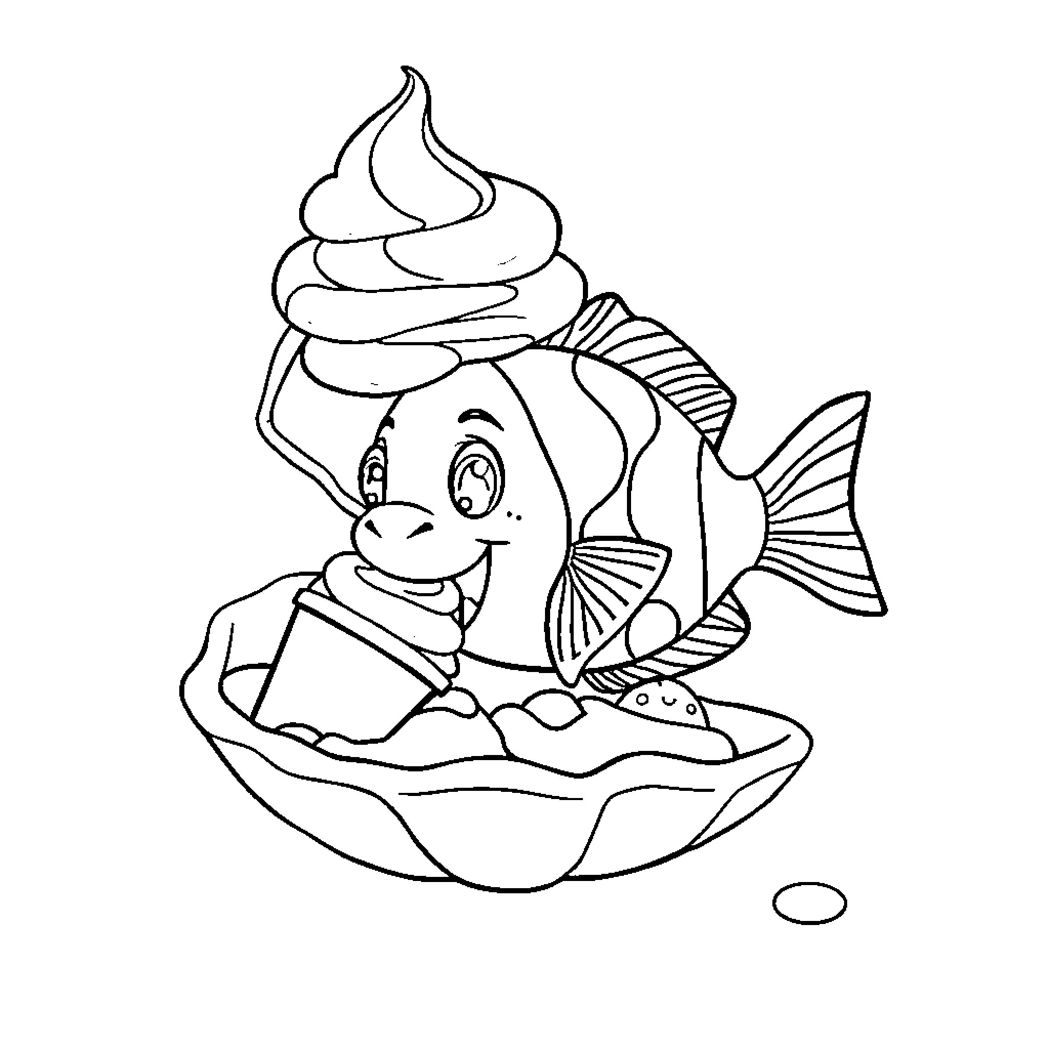 Fish enjoying a frozen treat Coloring Page (free black-and-white line drawing printable PDF for all, from beginners to advanced learners, including children, teens, adults, and seniors)