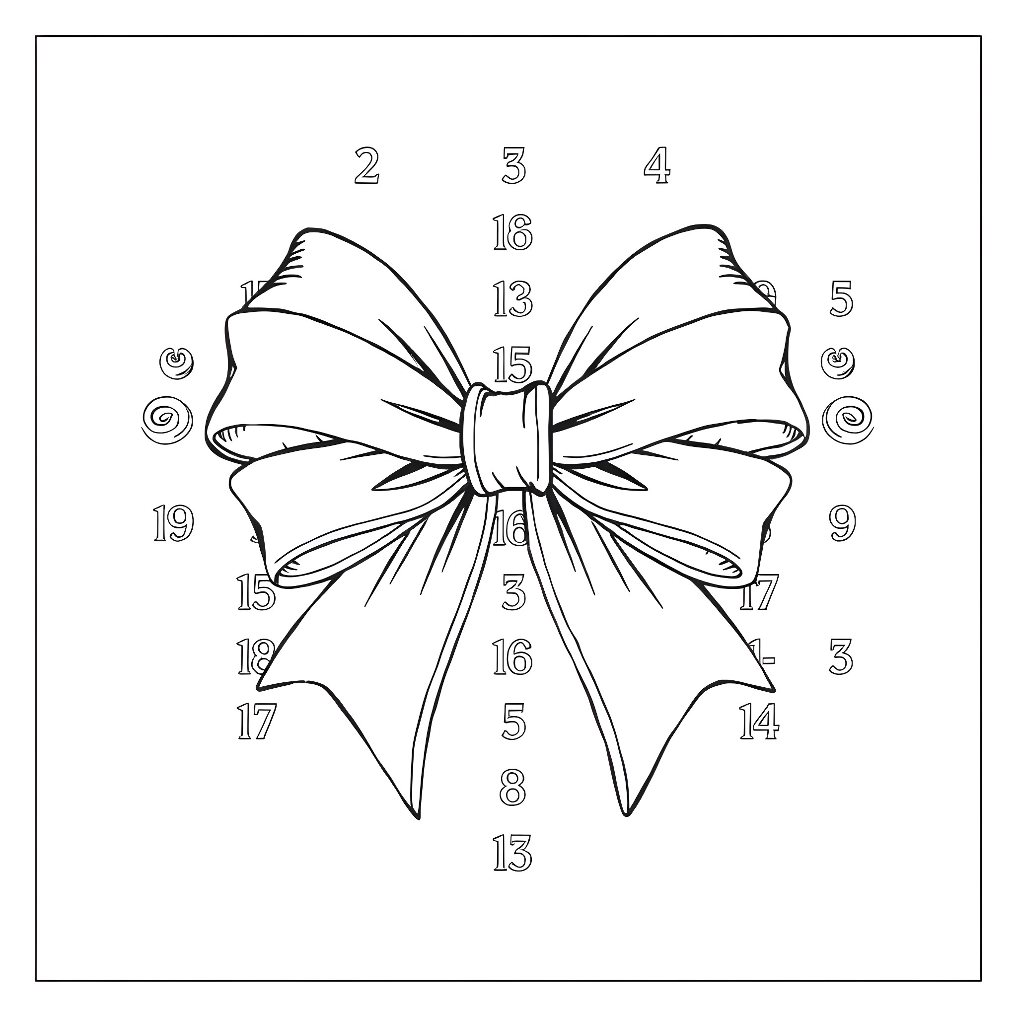 Bow with Numbered Symmetrical Design Coloring Page (free black-and-white line drawing printable PDF for all, from beginners to advanced learners, including children, teens, adults, and seniors)