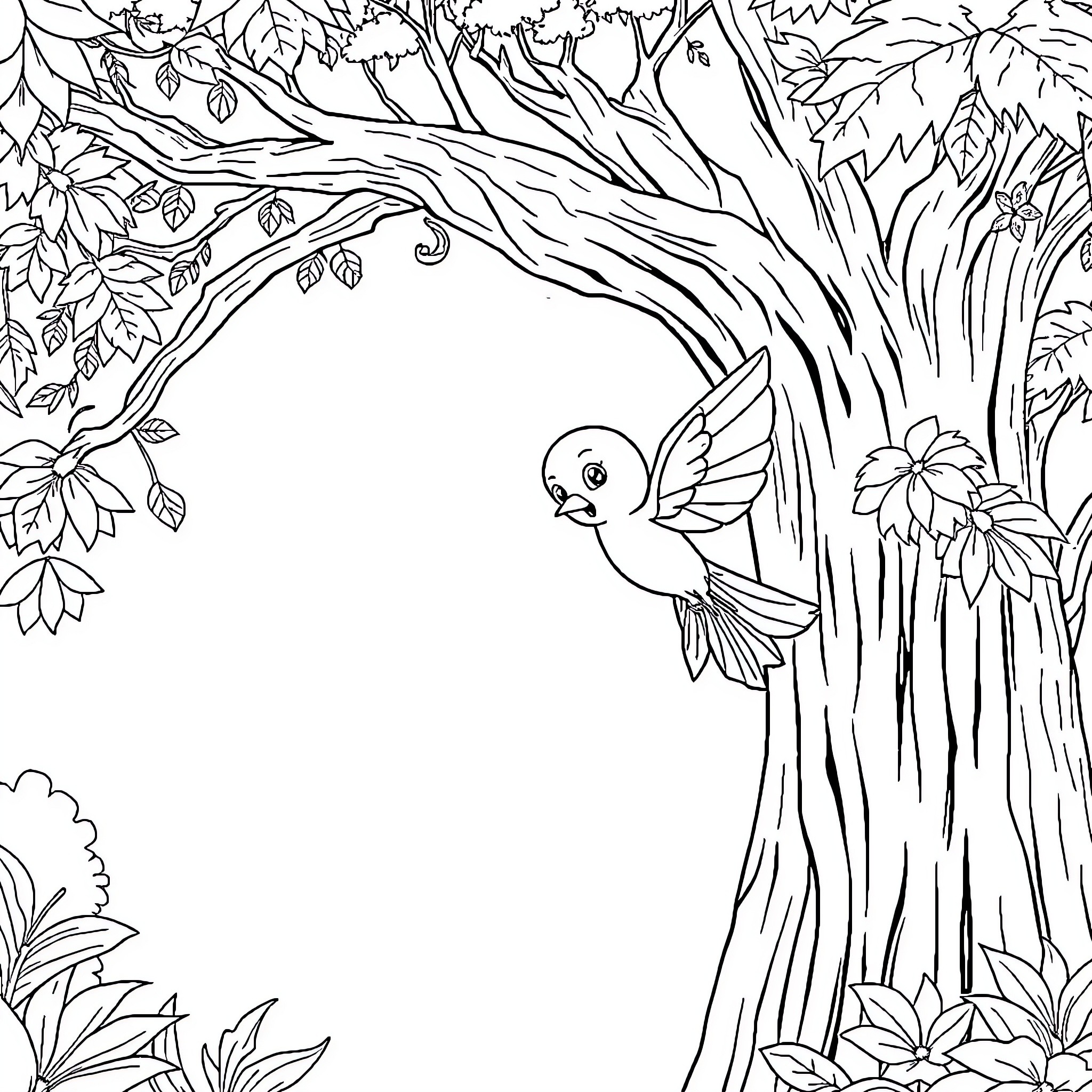 Fairy bird in the enchanted forest Coloring Page (free black-and-white line drawing printable PDF for all, from beginners to advanced learners, including children, teens, adults, and seniors)