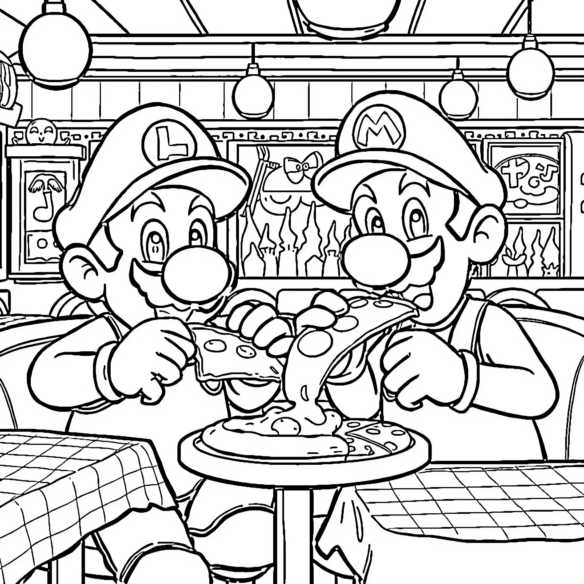 Mario Brothers Enjoying Pizza in Diner Coloring Page (free black-and-white line drawing printable PDF for all, from beginners to advanced learners, including children, teens, adults, and seniors)
