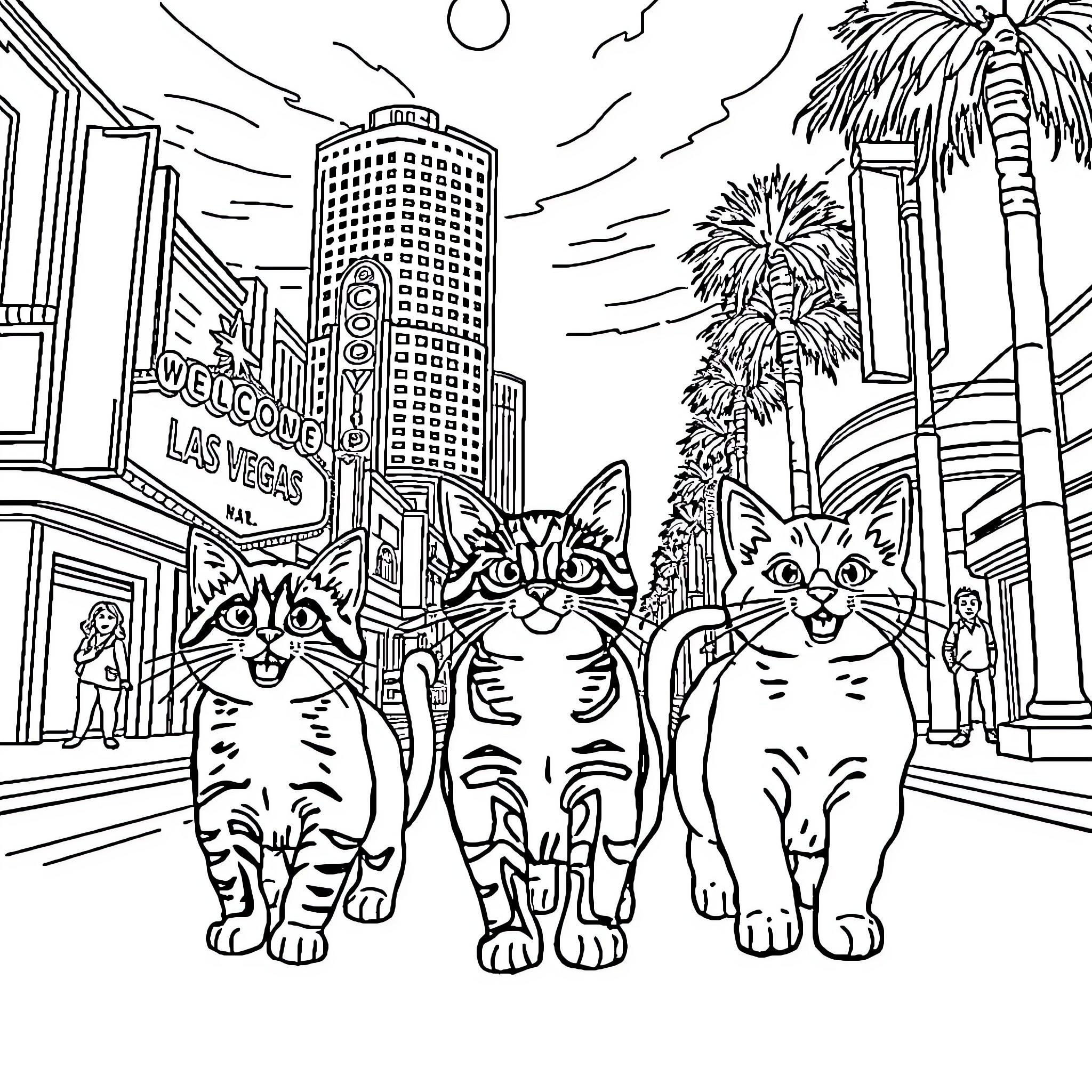 Cats exploring the vibrant cityscape of Las Vegas Coloring Page (free black-and-white line drawing printable PDF for all, from beginners to advanced learners, including children, teens, adults, and seniors)