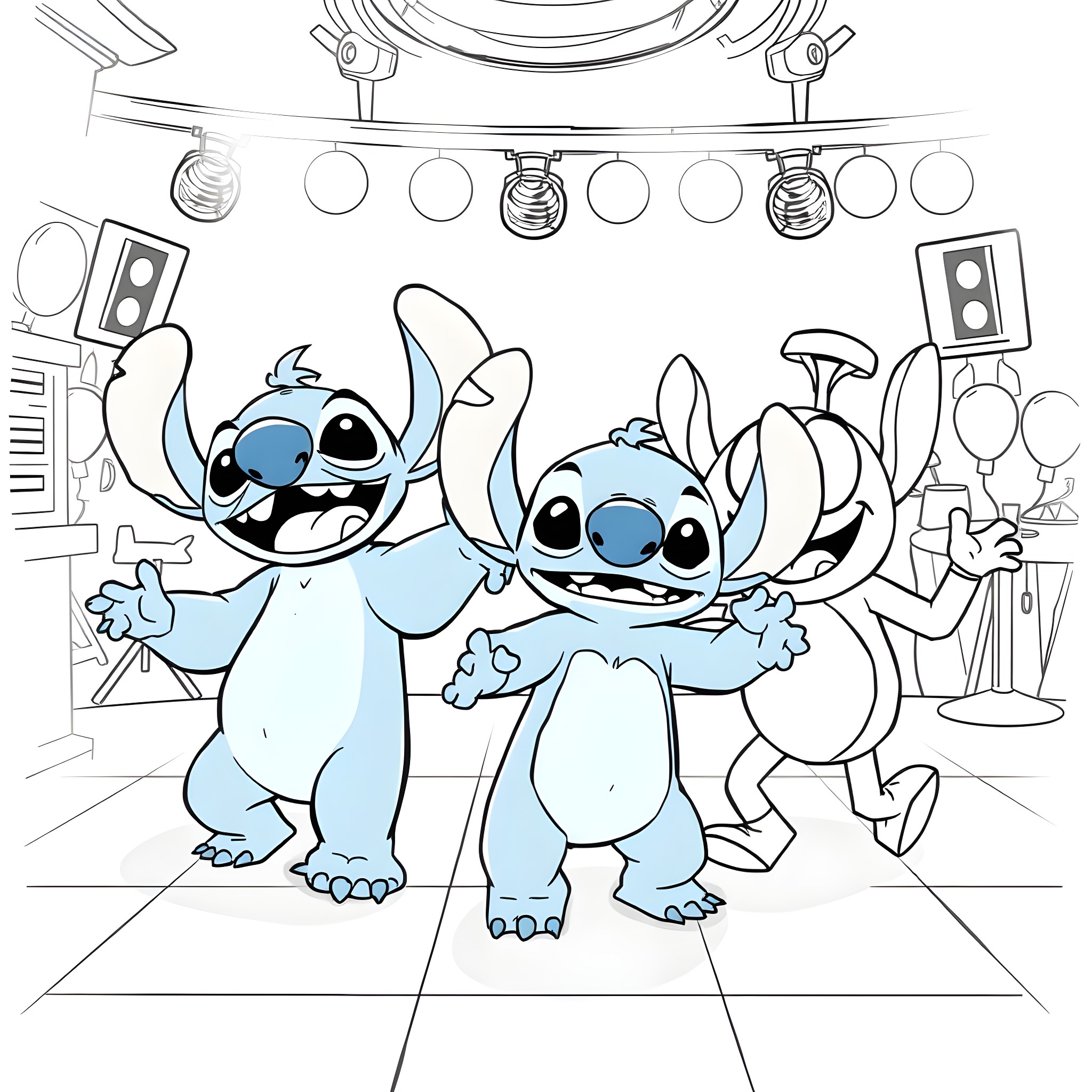 Stitch dancing with musical instruments Coloring Page (free black-and-white line drawing printable PDF for all, from beginners to advanced learners, including children, teens, adults, and seniors)