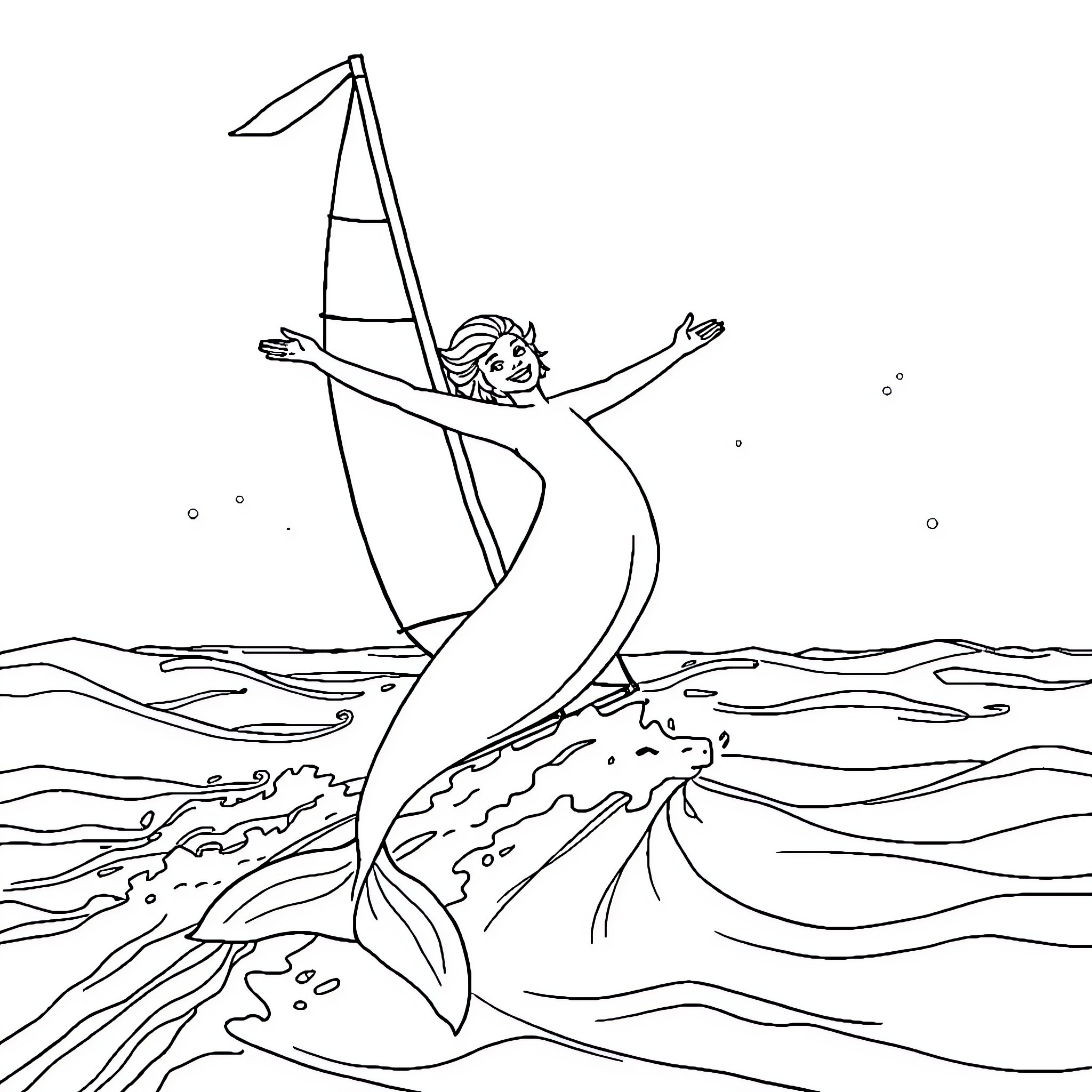 Mermaid surfing on the waves Coloring Page (free black-and-white line drawing printable PDF for all, from beginners to advanced learners, including children, teens, adults, and seniors)