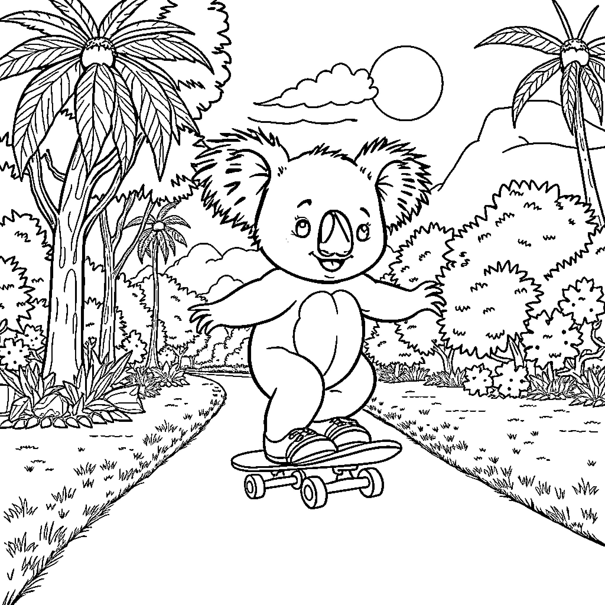 Koala riding a skateboard in a tropical setting Coloring Page (free black-and-white line drawing printable PDF for all, from beginners to advanced learners, including children, teens, adults, and seniors)