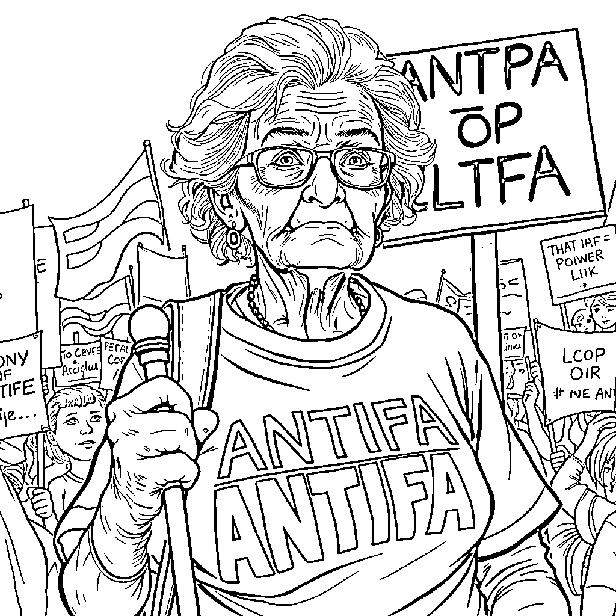 Grandma leading an Antifa protest march Coloring Page (free black-and-white line drawing printable PDF for all, from beginners to advanced learners, including children, teens, adults, and seniors)
