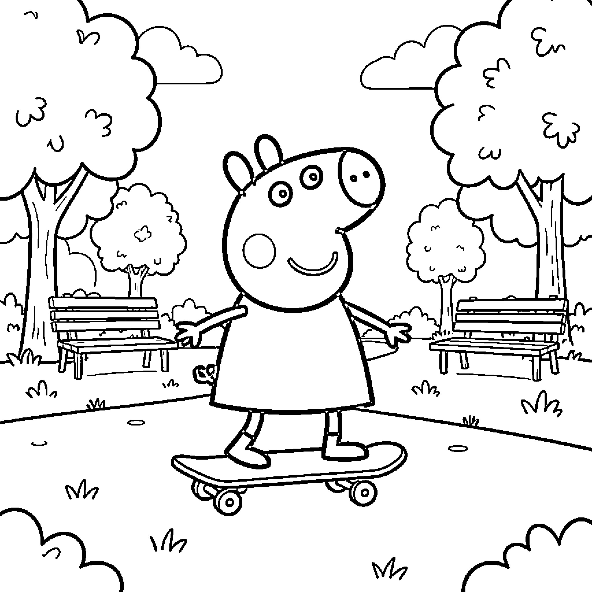 Peppa Pig riding a skateboard in a park Coloring Page (free black-and-white line drawing printable PDF for all, from beginners to advanced learners, including children, teens, adults, and seniors)