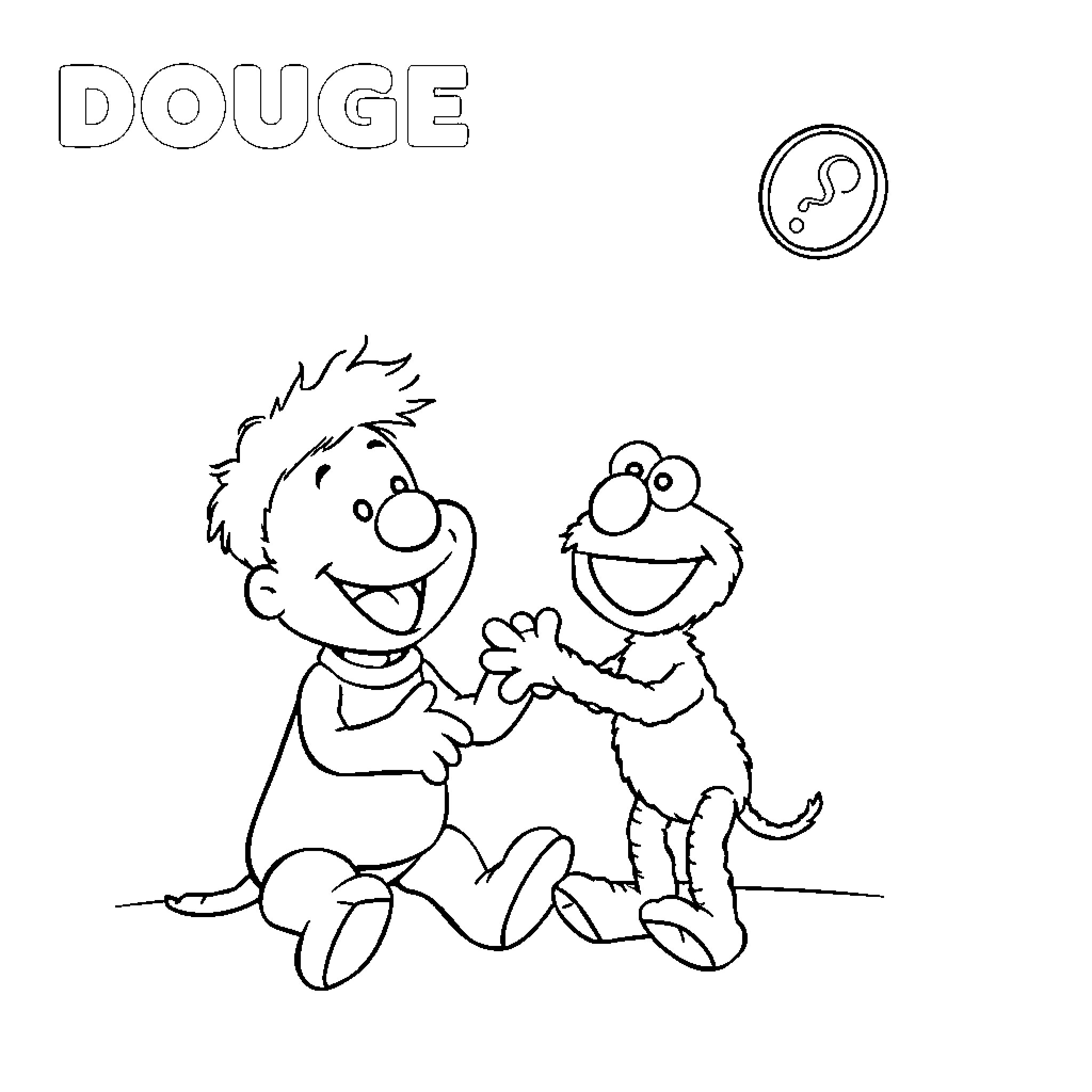 Doug and Elmo playing together happily Coloring Page (free black-and-white line drawing printable PDF for all, from beginners to advanced learners, including children, teens, adults, and seniors)