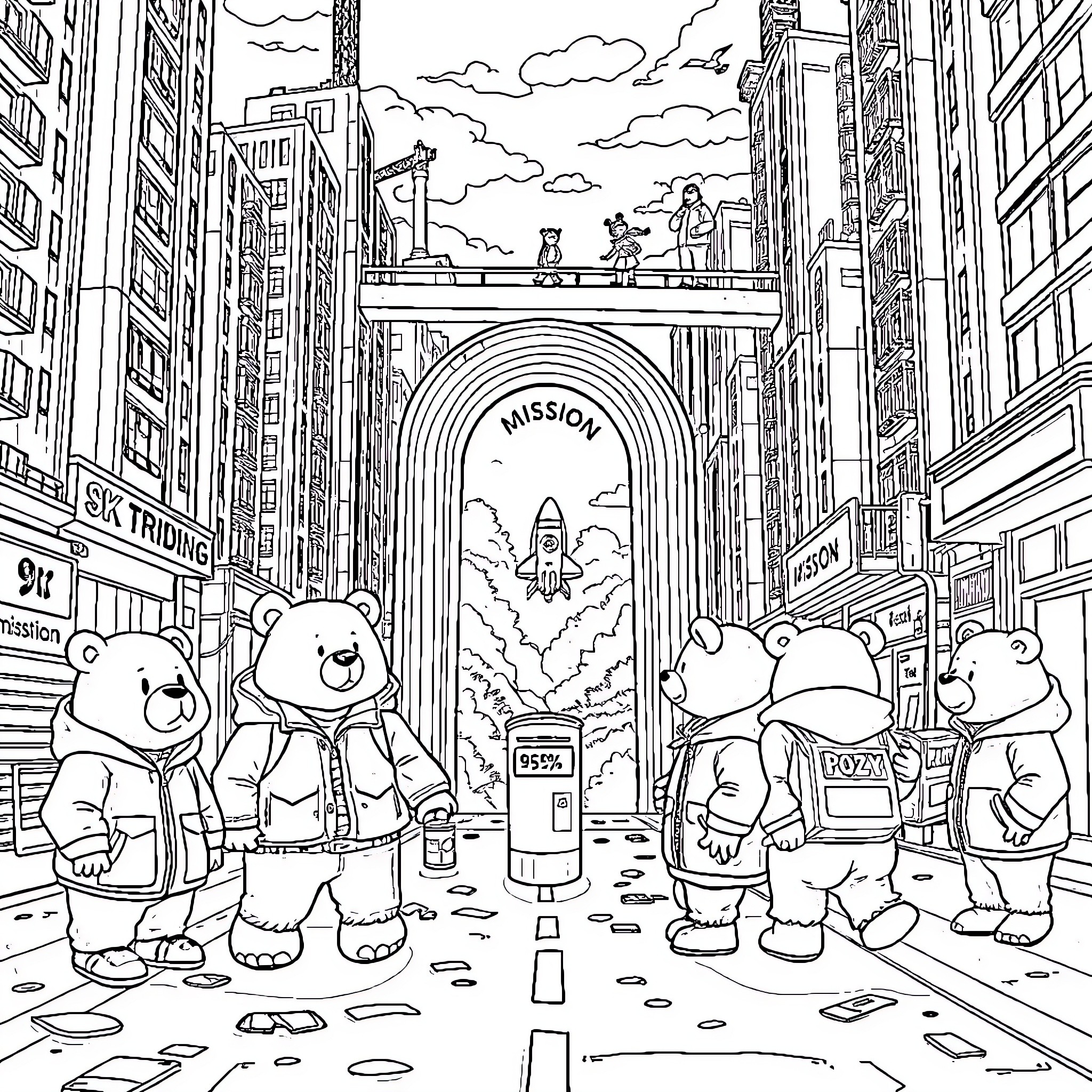 Bear characters exploring a city street with rocket launch Coloring Page (free black-and-white line drawing printable PDF for all, from beginners to advanced learners, including children, teens, adults, and seniors)