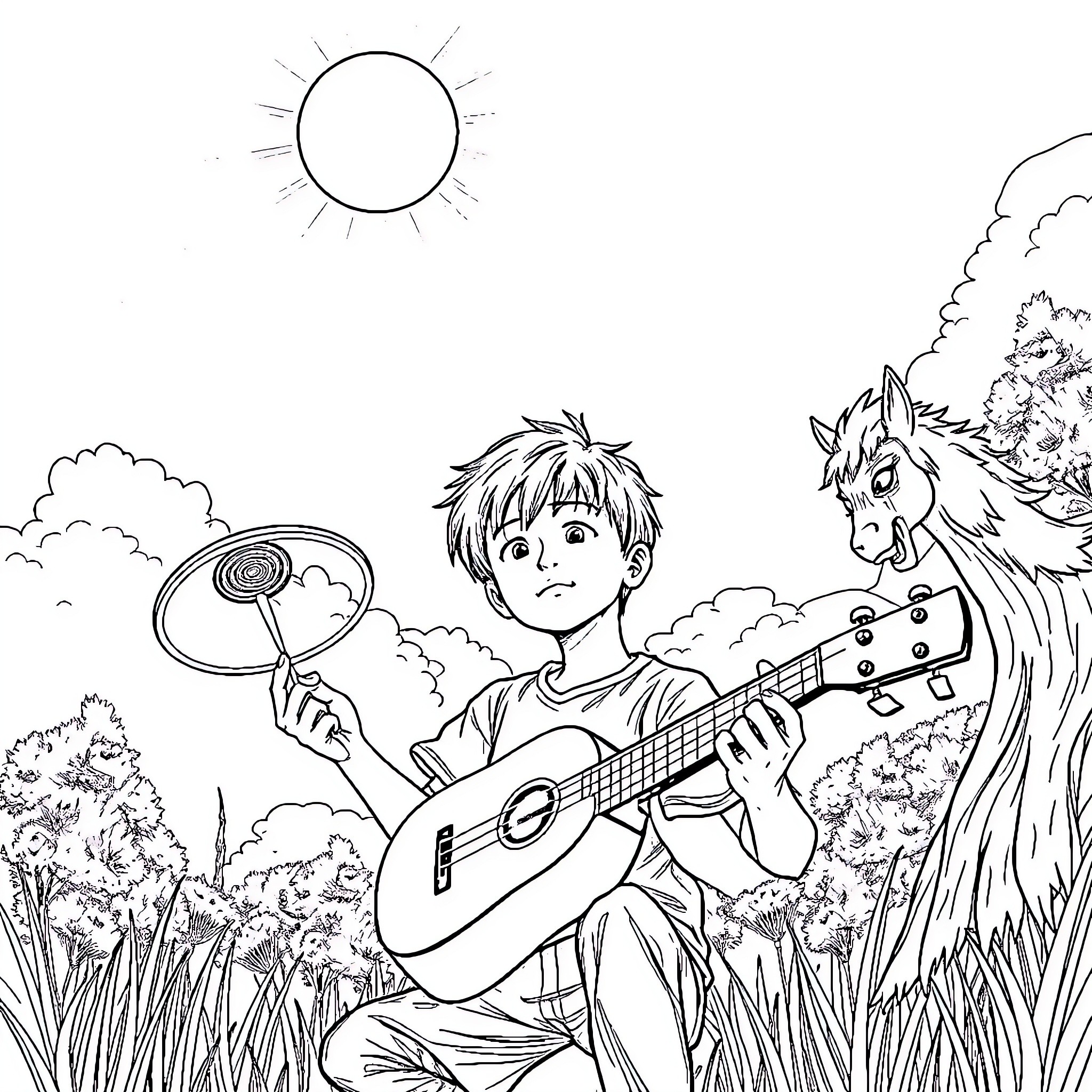 Boywithuke playing music for his horse friend in nature Coloring Page (free black-and-white line drawing printable PDF for all, from beginners to advanced learners, including children, teens, adults, and seniors)