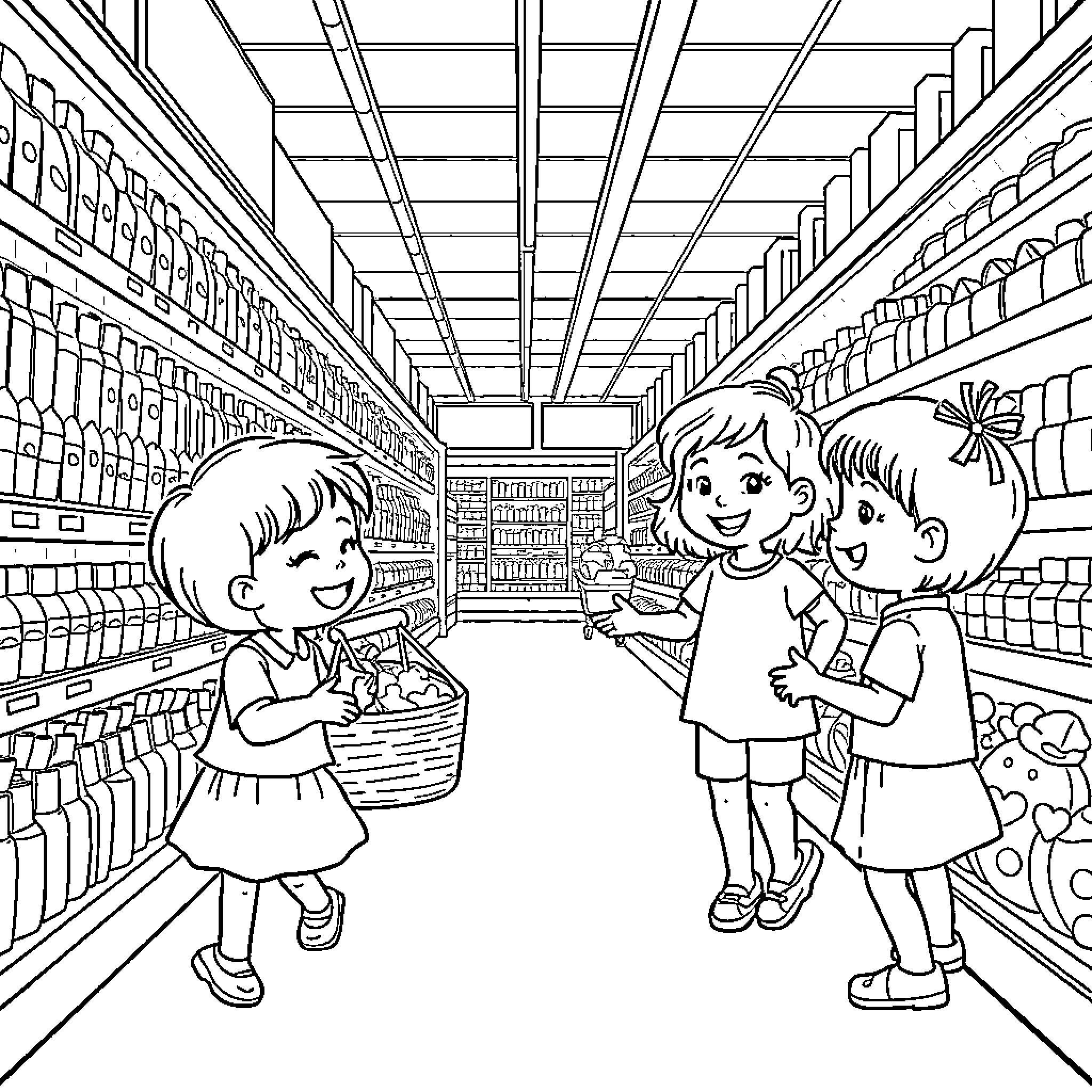 Child exploring grocery store with friends Coloring Page (free black-and-white line drawing printable PDF for all, from beginners to advanced learners, including children, teens, adults, and seniors)