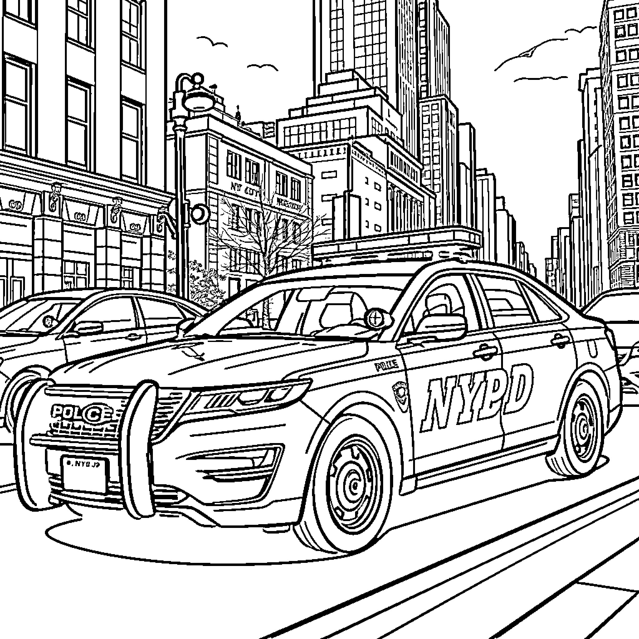 NYPD Car on the bustling city streets Coloring Page (free black-and-white line drawing printable PDF for all, from beginners to advanced learners, including children, teens, adults, and seniors)