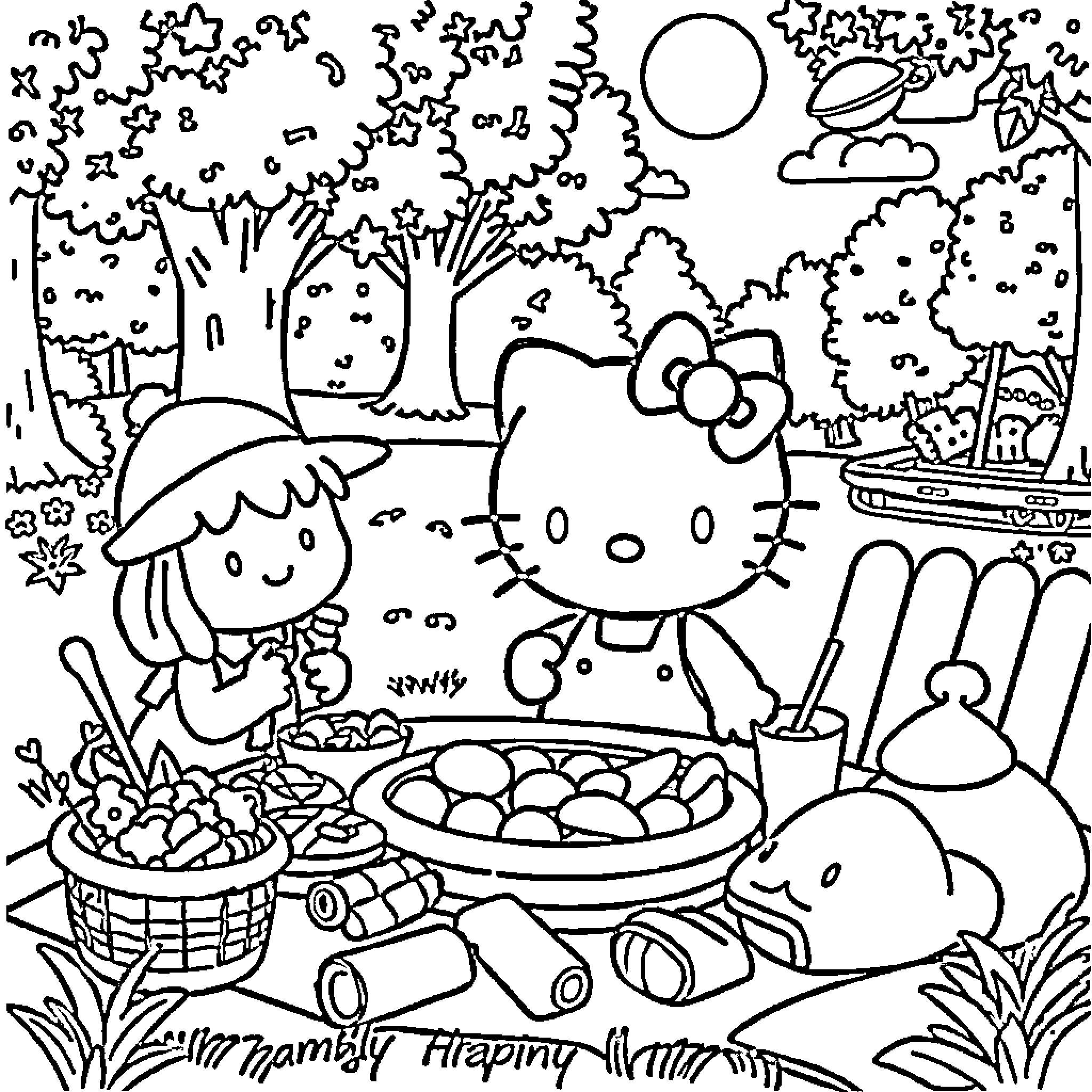 Hello Kitty and friends enjoying a picnic in nature Coloring Page (free black-and-white line drawing printable PDF for all, from beginners to advanced learners, including children, teens, adults, and seniors)