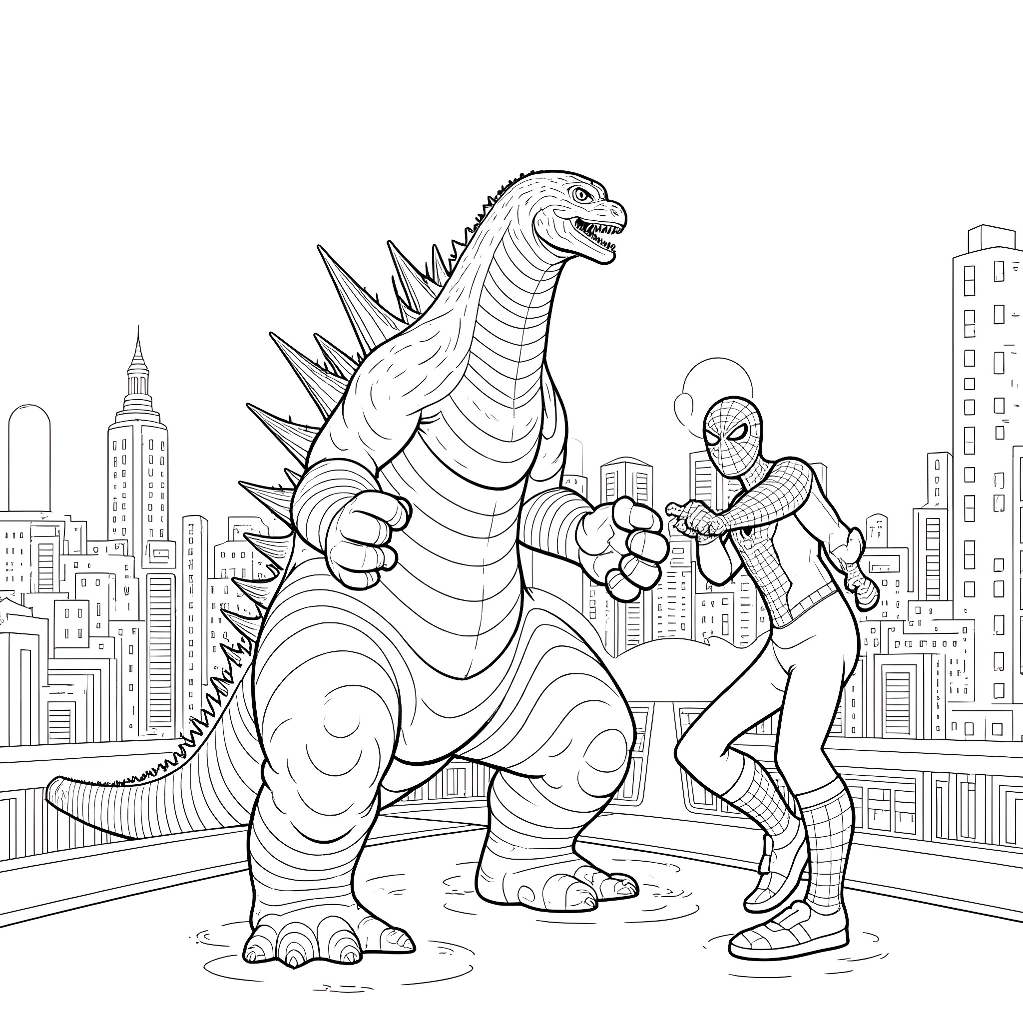 Godzilla battling Spider-Man in the city Coloring Page (free black-and-white line drawing printable PDF for all, from beginners to advanced learners, including children, teens, adults, and seniors)