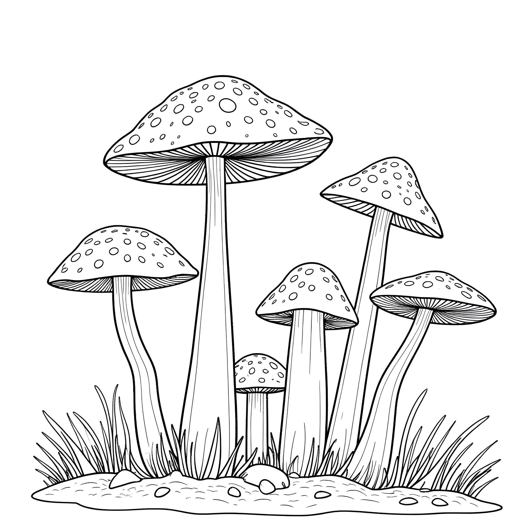 Mushroom Cluster in the Forest Coloring Page (free black-and-white line drawing printable PDF for all, from beginners to advanced learners, including children, teens, adults, and seniors)