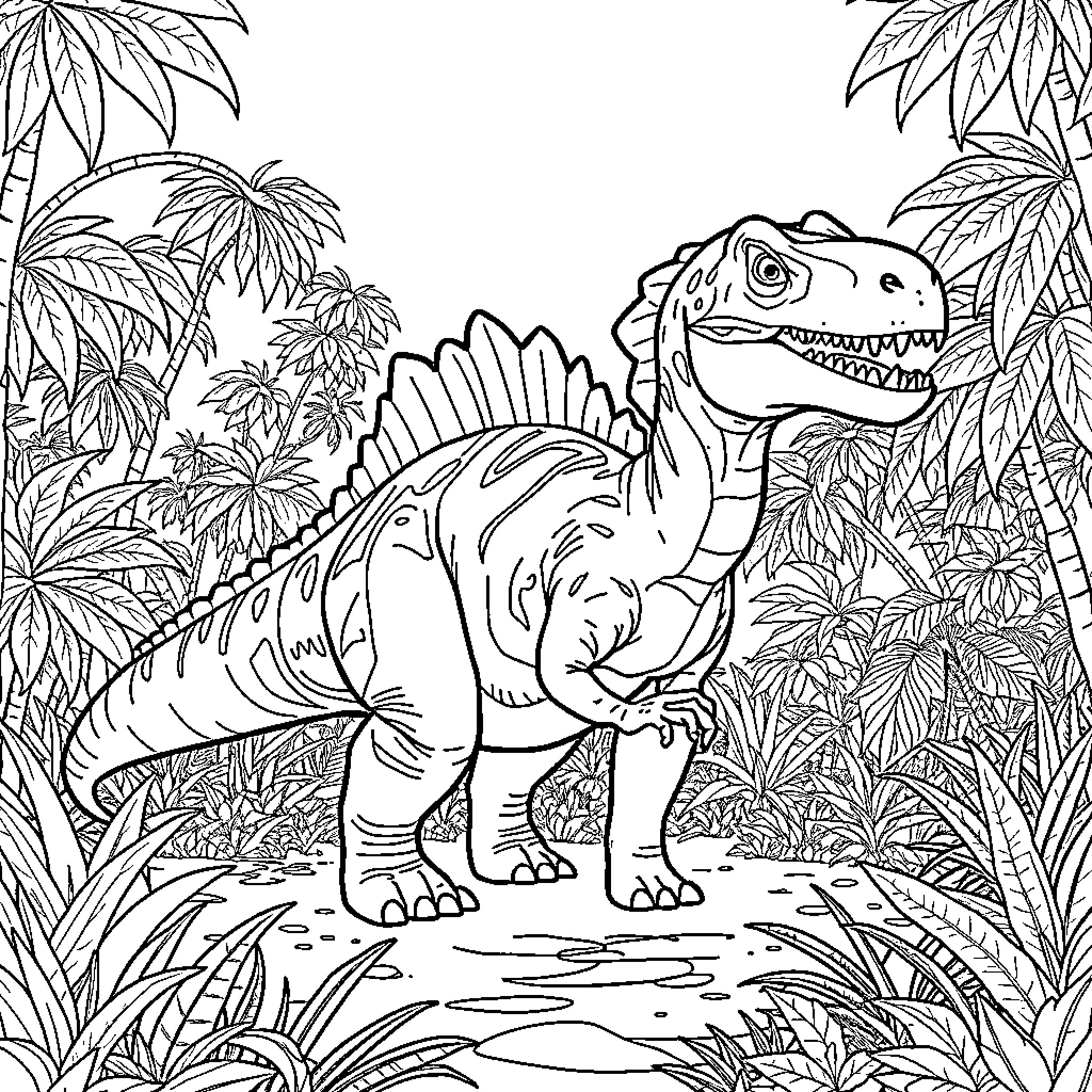Tommasaurus in the Prehistoric Jungle Coloring Page (free black-and-white line drawing printable PDF for all, from beginners to advanced learners, including children, teens, adults, and seniors)