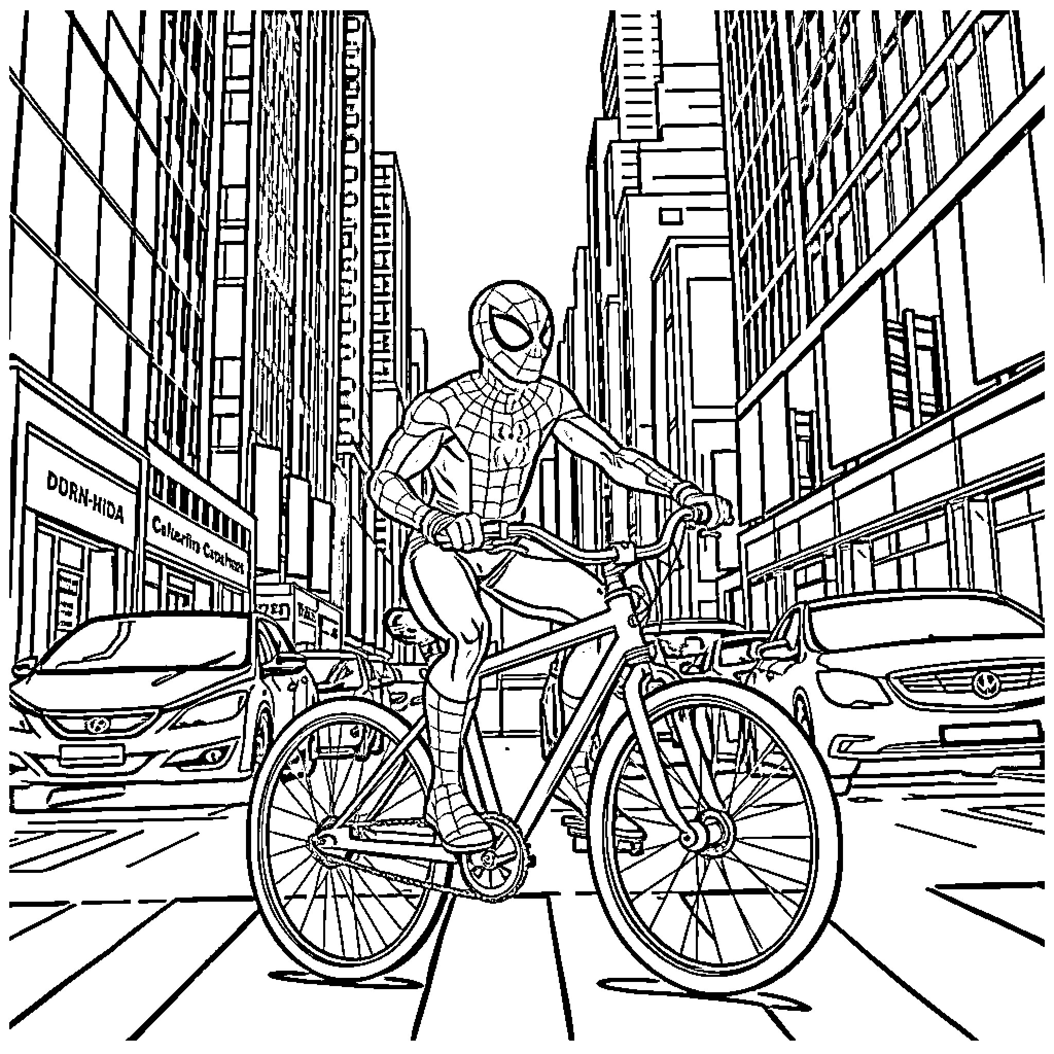 Spiderman riding a bicycle through the city Coloring Page (free black-and-white line drawing printable PDF for all, from beginners to advanced learners, including children, teens, adults, and seniors)