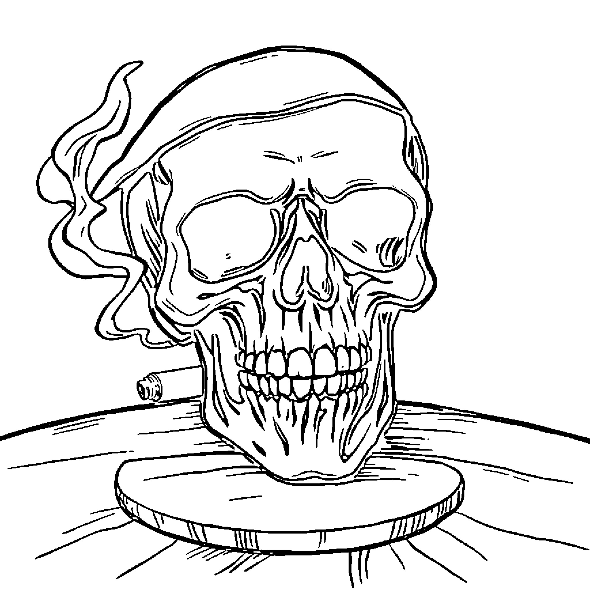 Skull with Smoking Head on Podium Coloring Page (free black-and-white line drawing printable PDF for all, from beginners to advanced learners, including children, teens, adults, and seniors)