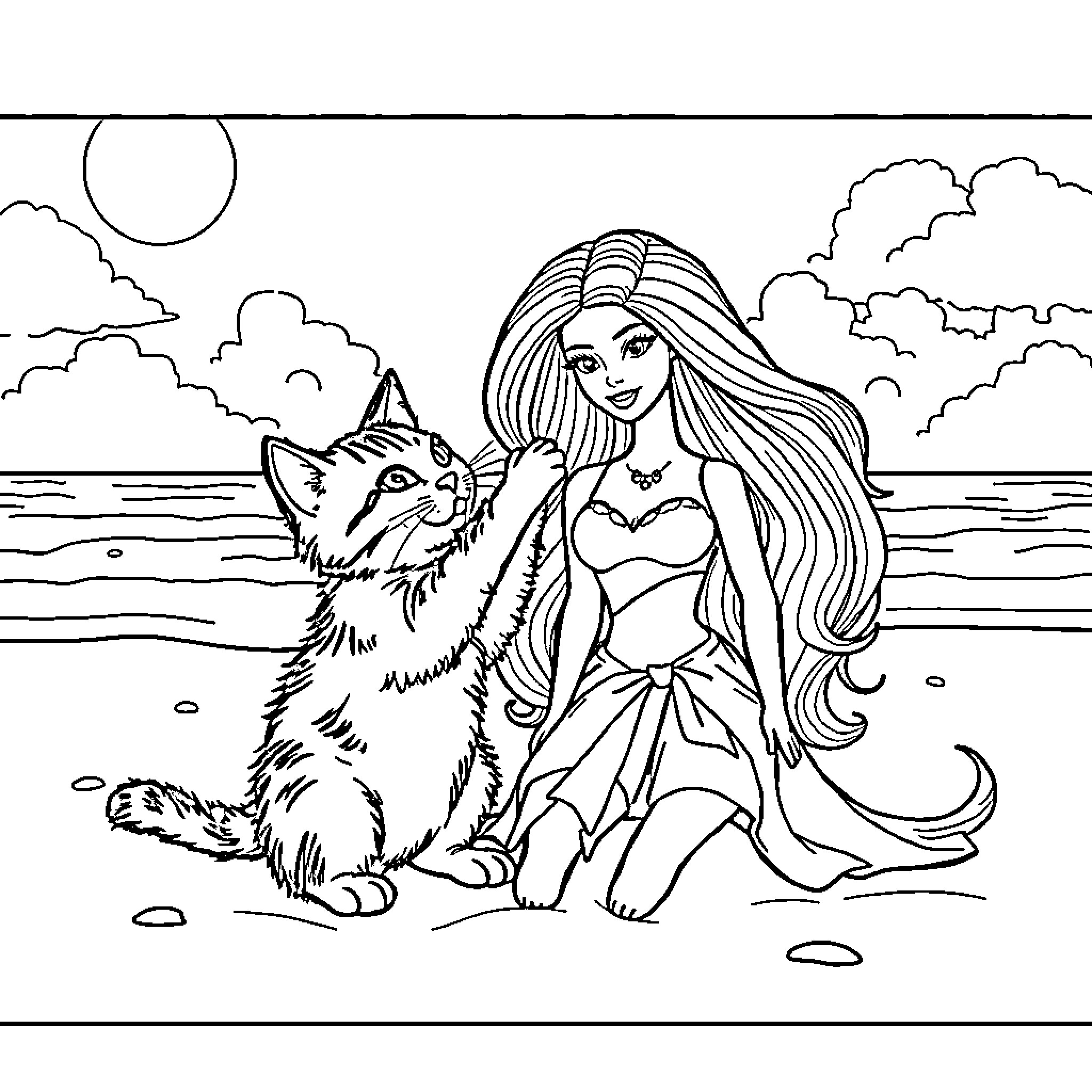 Cat and Girl on the Beach Coloring Page (free black-and-white line drawing printable PDF for all, from beginners to advanced learners, including children, teens, adults, and seniors)