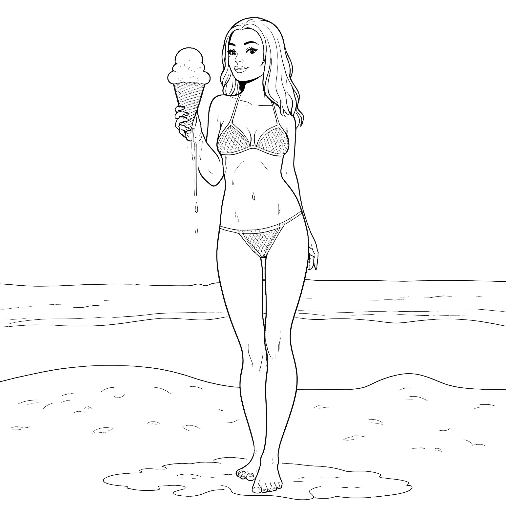 Lady enjoying an ice cream on the beach Coloring Page (free black-and-white line drawing printable PDF for all, from beginners to advanced learners, including children, teens, adults, and seniors)