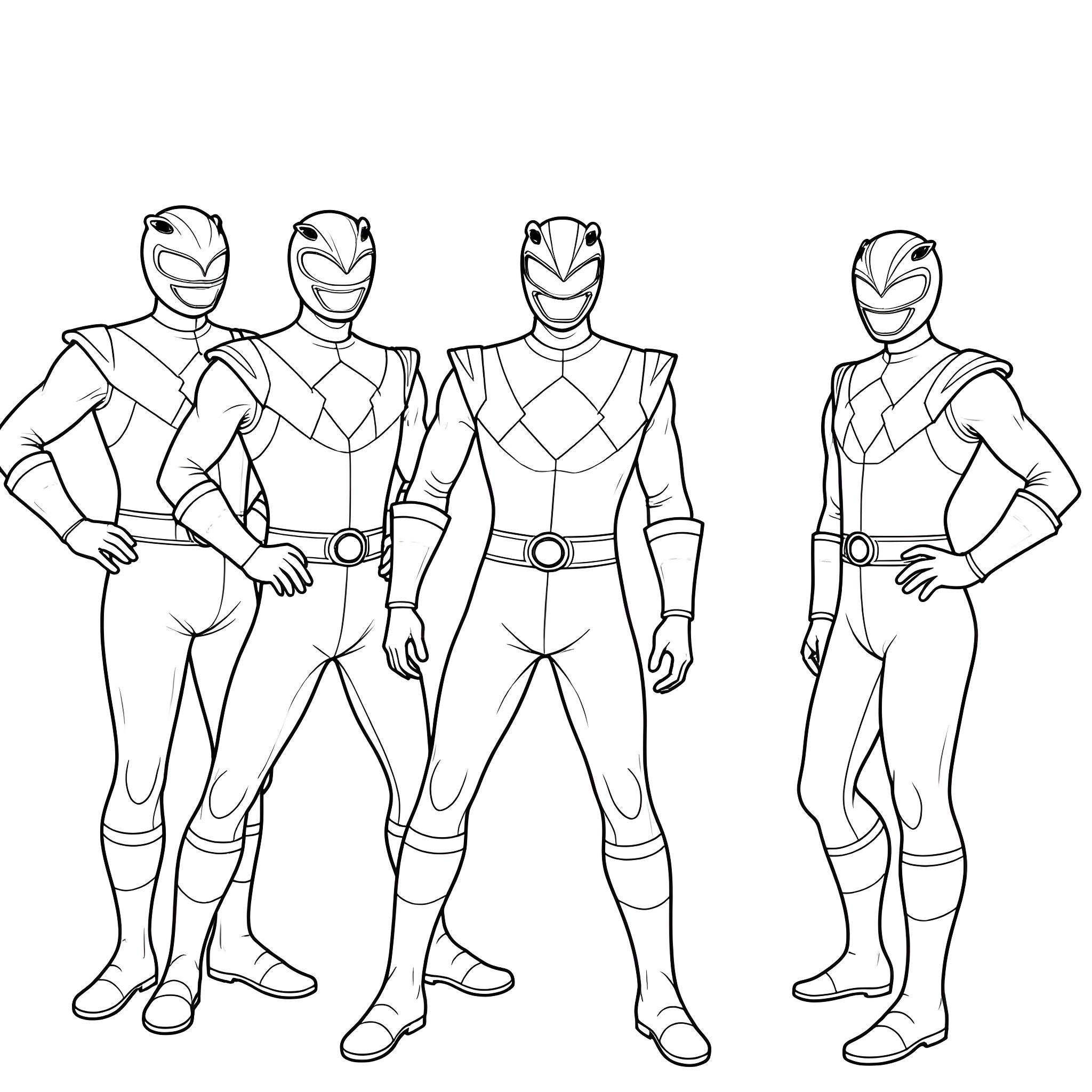 Power Rangers in action poses Coloring Page (free black-and-white line drawing printable PDF for all, from beginners to advanced learners, including children, teens, adults, and seniors)