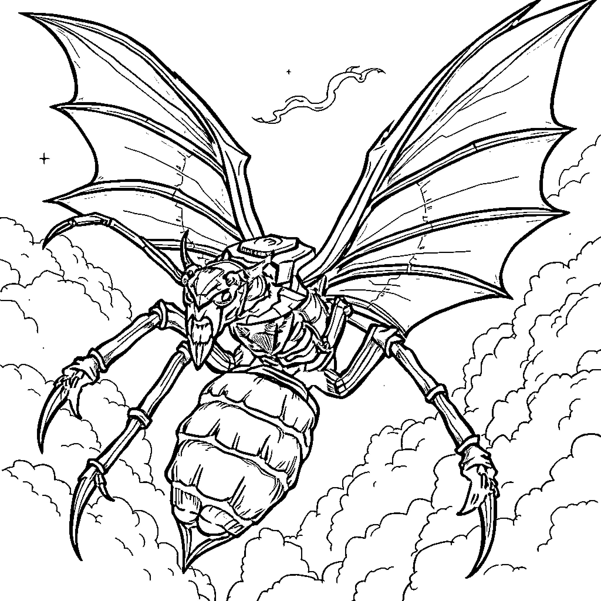 Tyranid Monstrous Creature Soaring Through the Skies Coloring Page (free black-and-white line drawing printable PDF for all, from beginners to advanced learners, including children, teens, adults, and seniors)