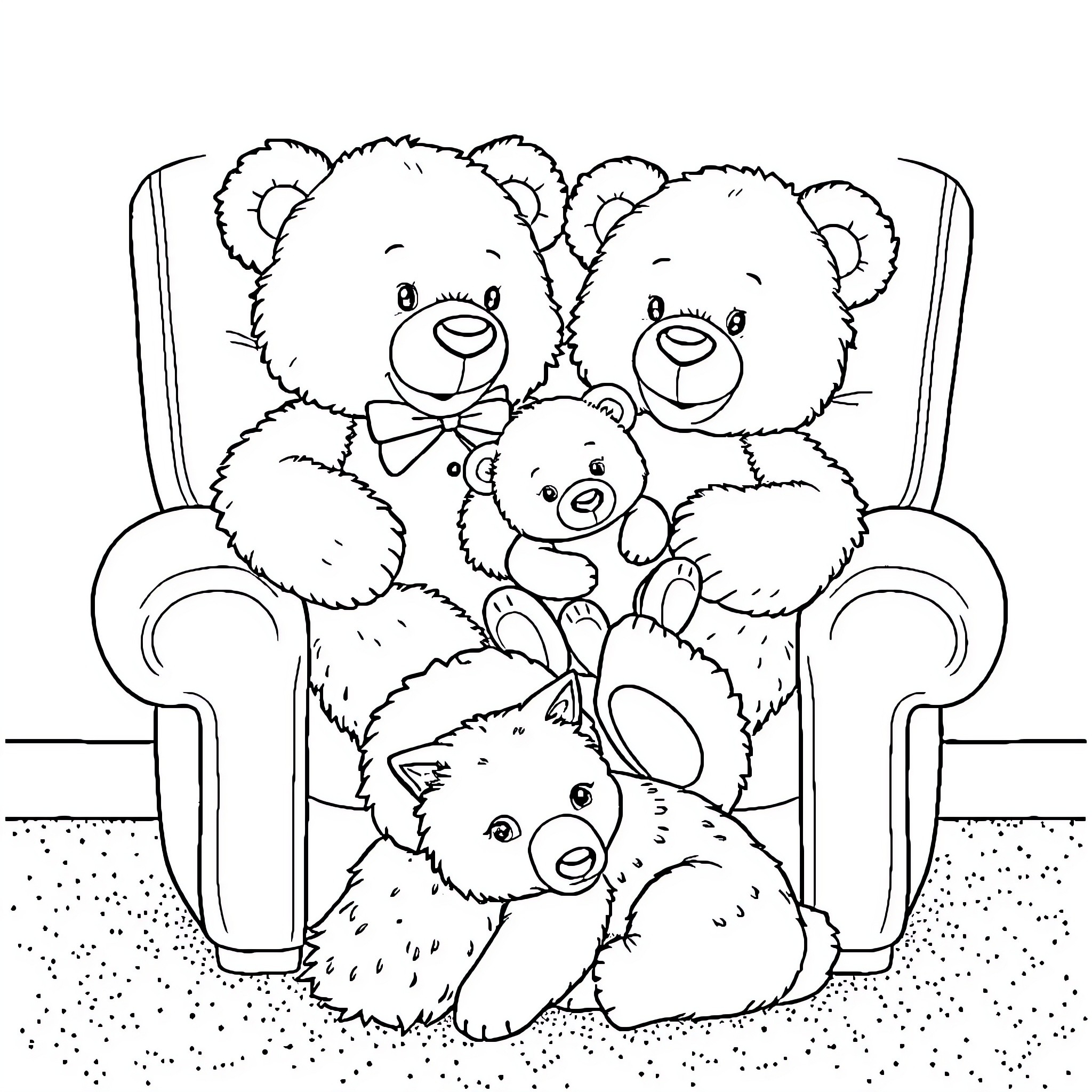 Teddy Bears Snuggling Together on Armchair Coloring Page (free black-and-white line drawing printable PDF for all, from beginners to advanced learners, including children, teens, adults, and seniors)