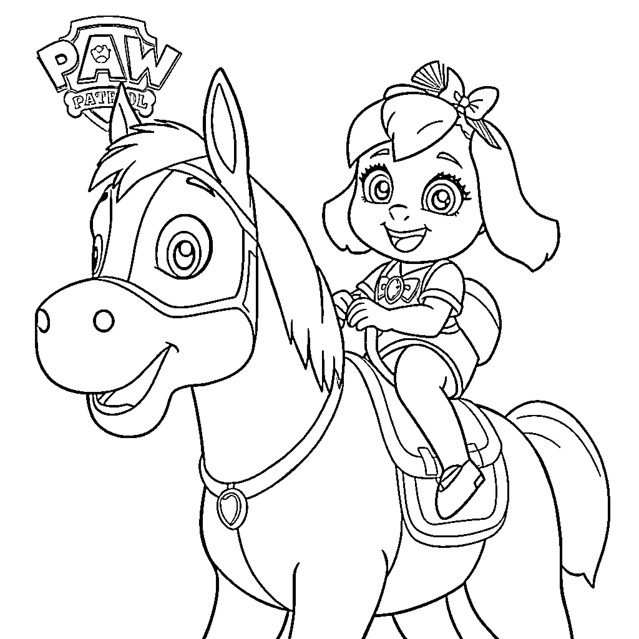 Stella rides a cheerful horse in Paw Patrol Coloring Page (free black-and-white line drawing printable PDF for all, from beginners to advanced learners, including children, teens, adults, and seniors)