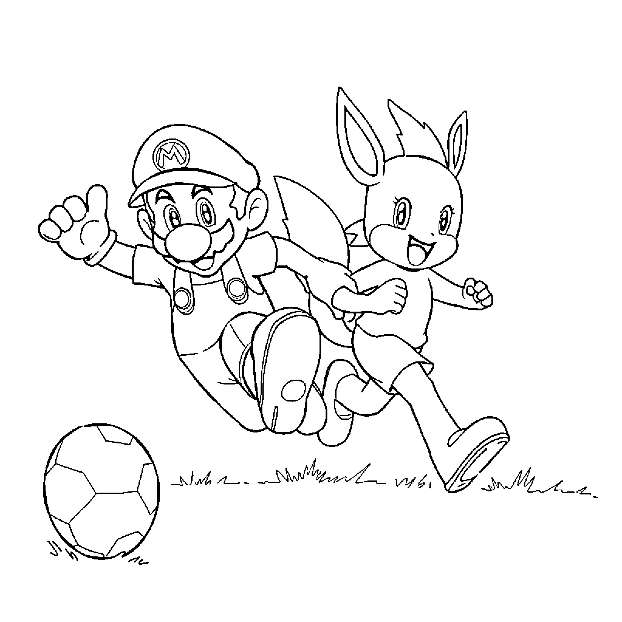 Mario and Rabbit Playing Soccer Together Coloring Page (free black-and-white line drawing printable PDF for all, from beginners to advanced learners, including children, teens, adults, and seniors)