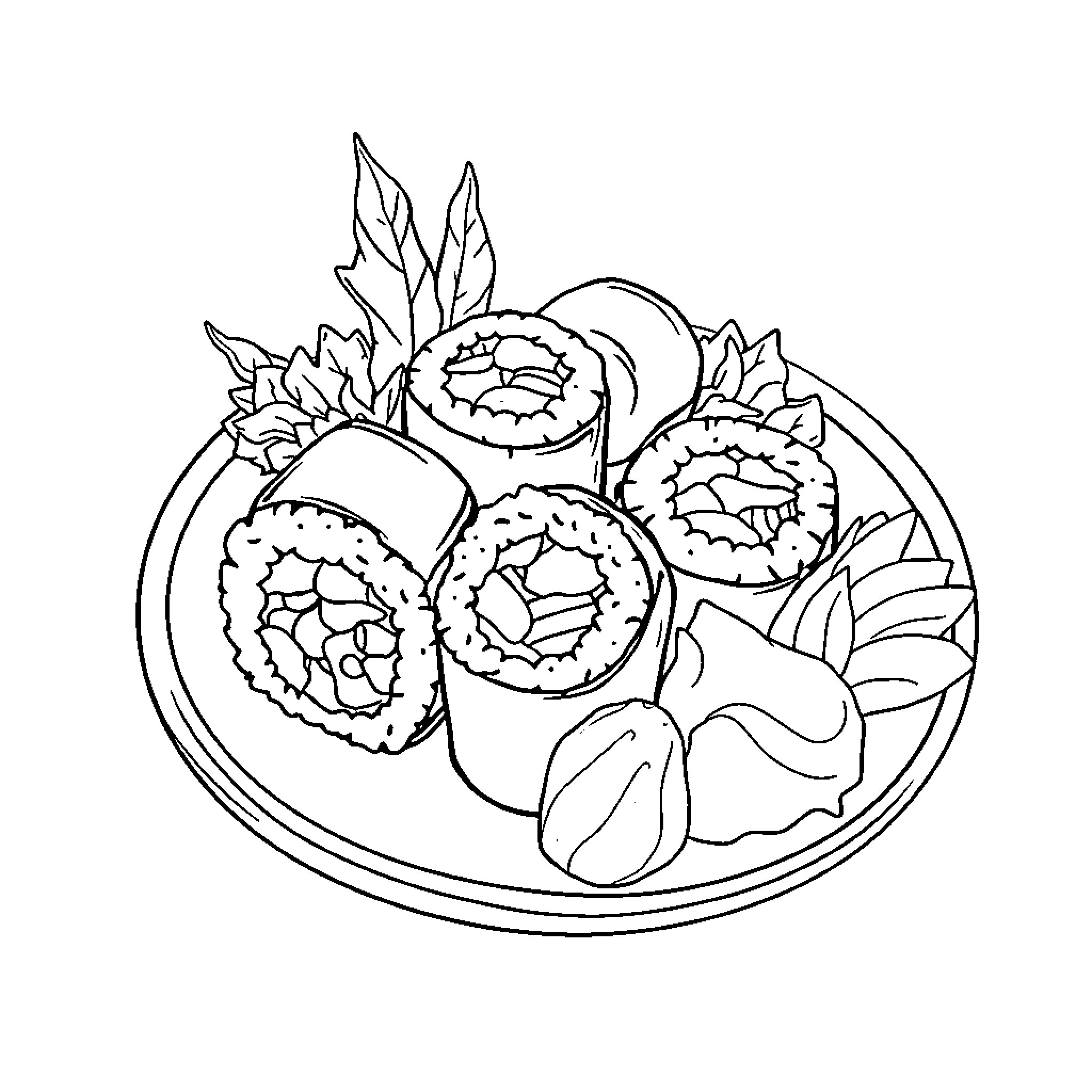 Sushi platter with various rolls and garnishes Coloring Page (free black-and-white line drawing printable PDF for all, from beginners to advanced learners, including children, teens, adults, and seniors)