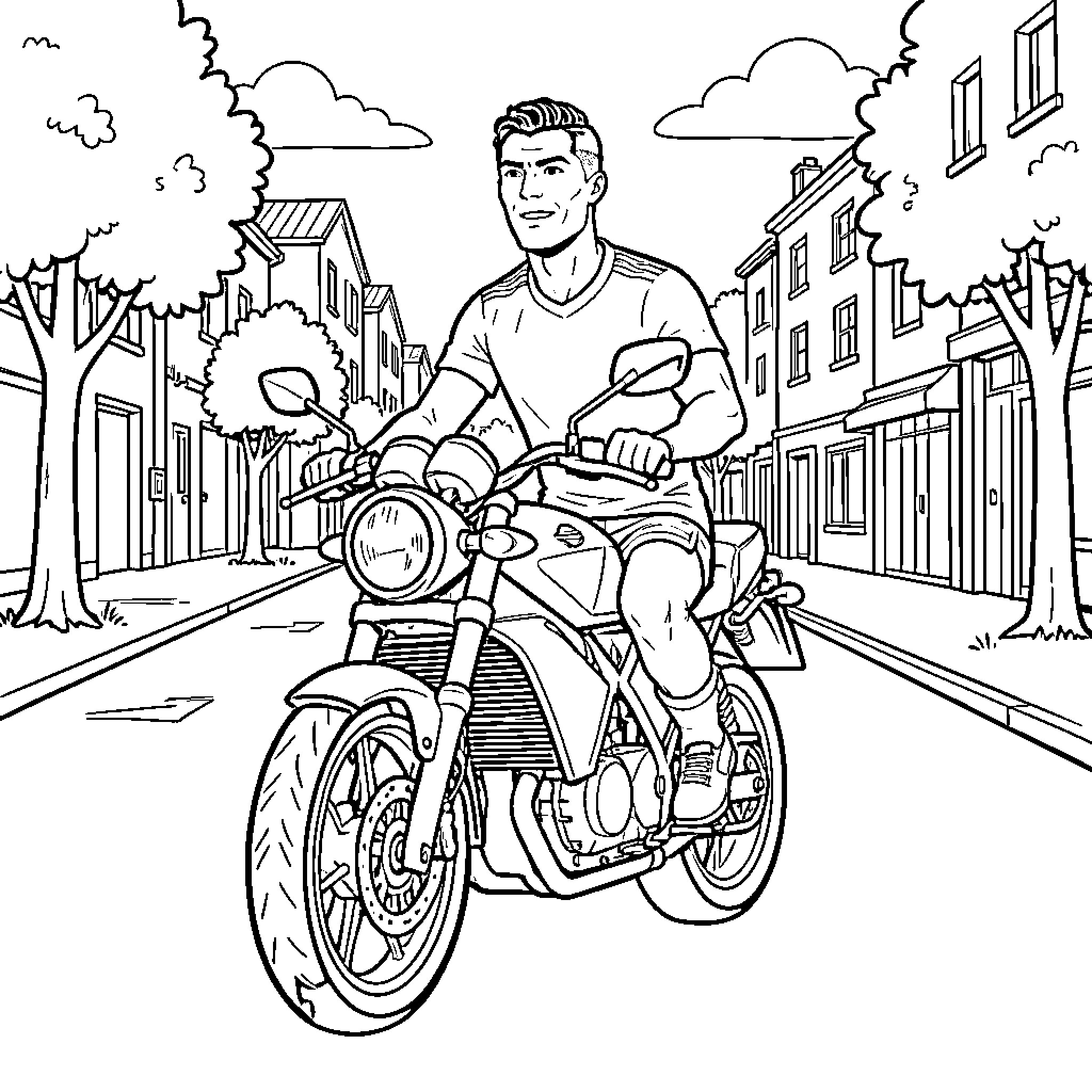 Ronaldo riding a motorcycle down a city street Coloring Page (free black-and-white line drawing printable PDF for all, from beginners to advanced learners, including children, teens, adults, and seniors)