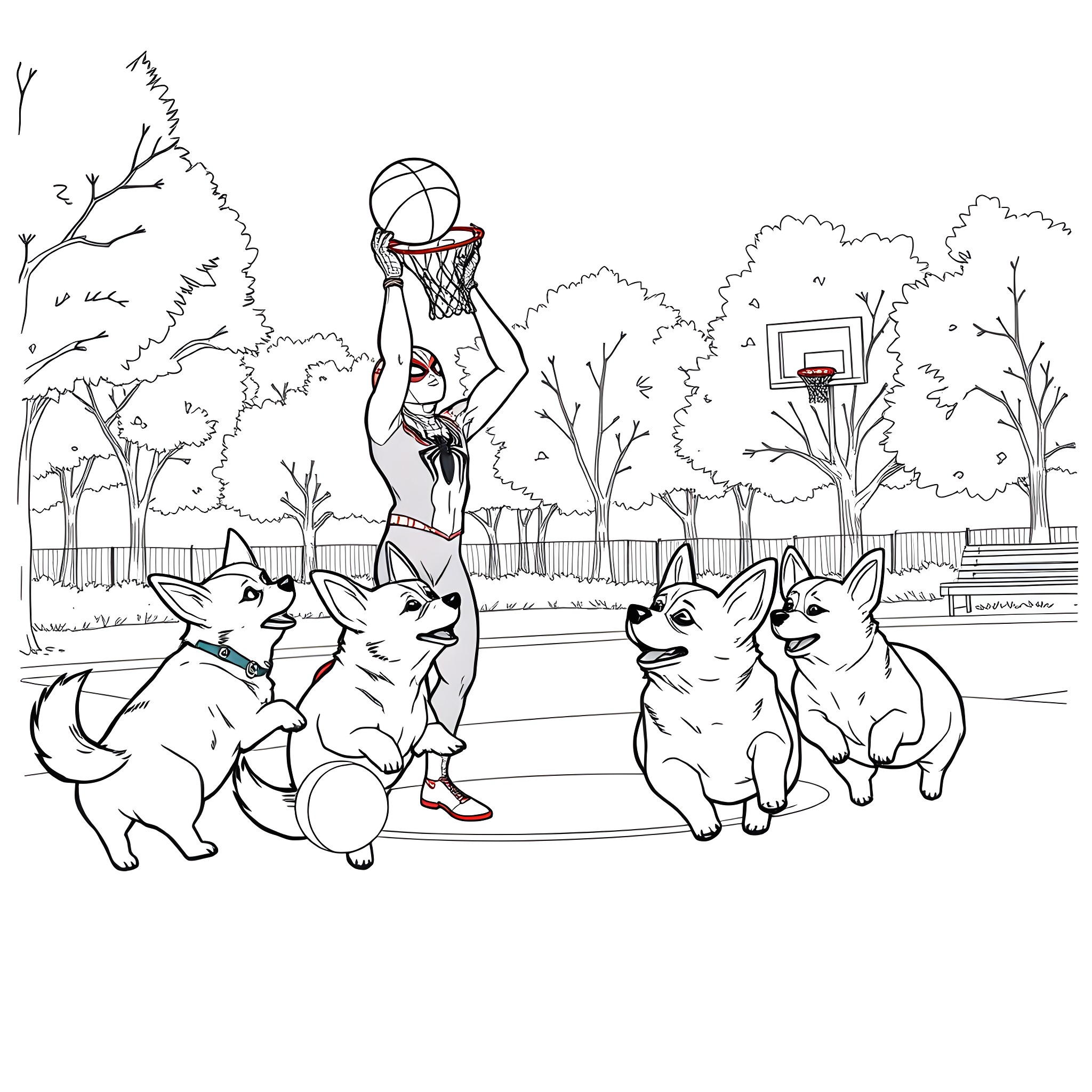 Spider-Man playing basketball with corgis on the court Coloring Page (free black-and-white line drawing printable PDF for all, from beginners to advanced learners, including children, teens, adults, and seniors)