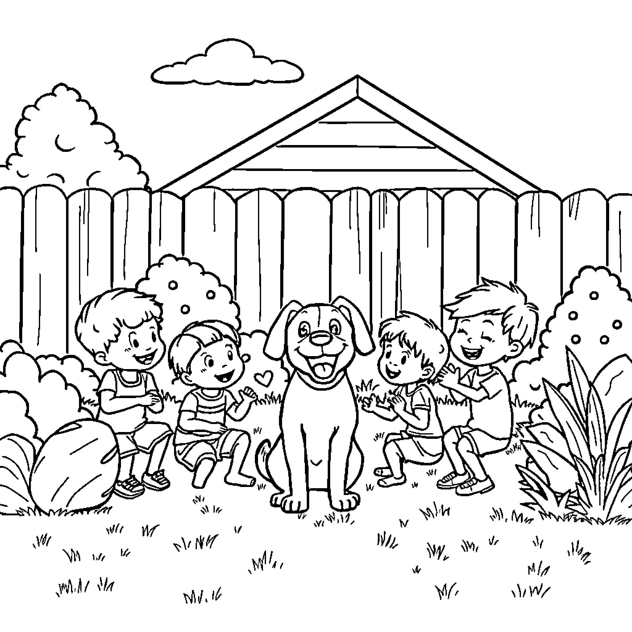Dog and children playing happily in the backyard Coloring Page (free black-and-white line drawing printable PDF for all, from beginners to advanced learners, including children, teens, adults, and seniors)