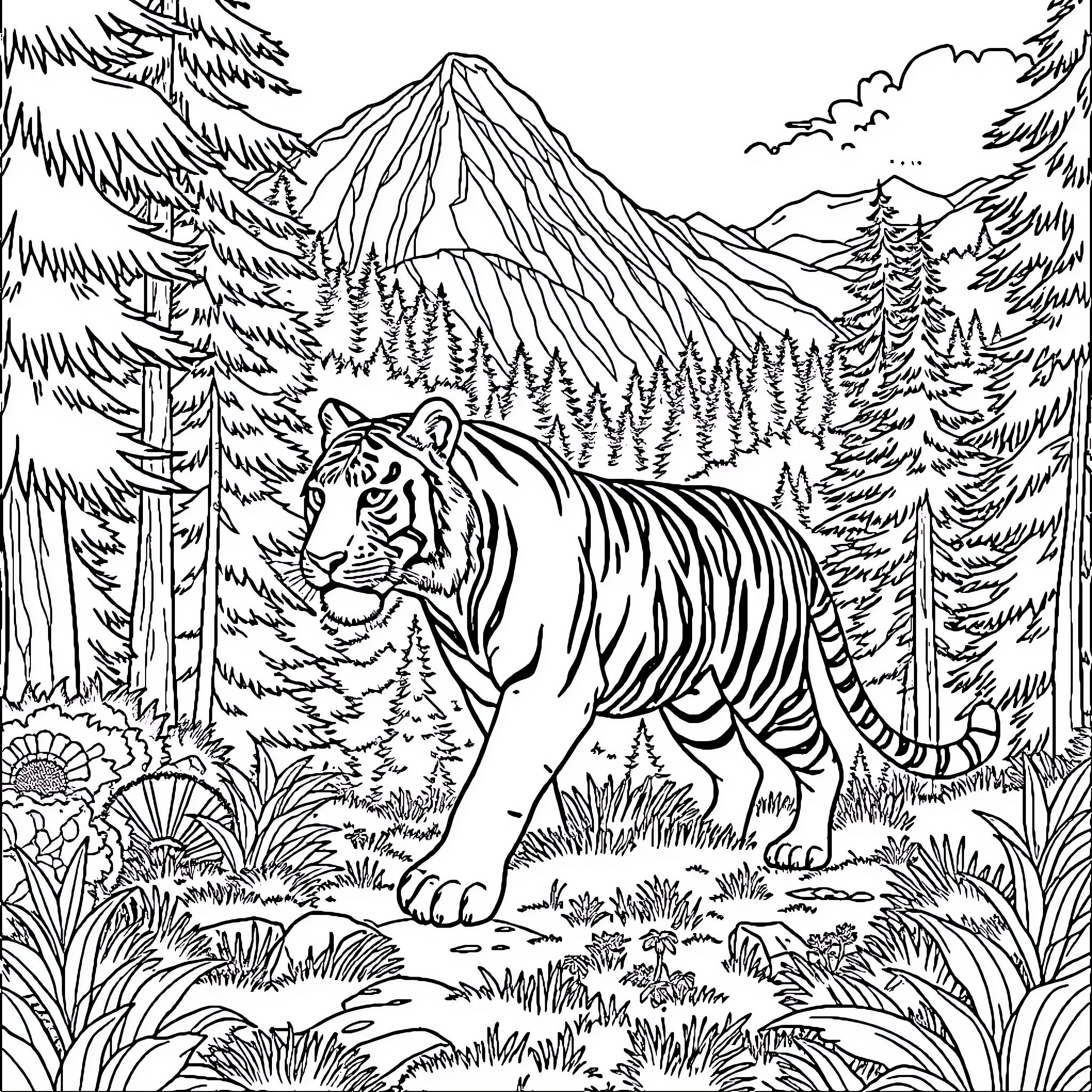 Tiger roaming in lush forest landscape Coloring Page (free black-and-white line drawing printable PDF for all, from beginners to advanced learners, including children, teens, adults, and seniors)
