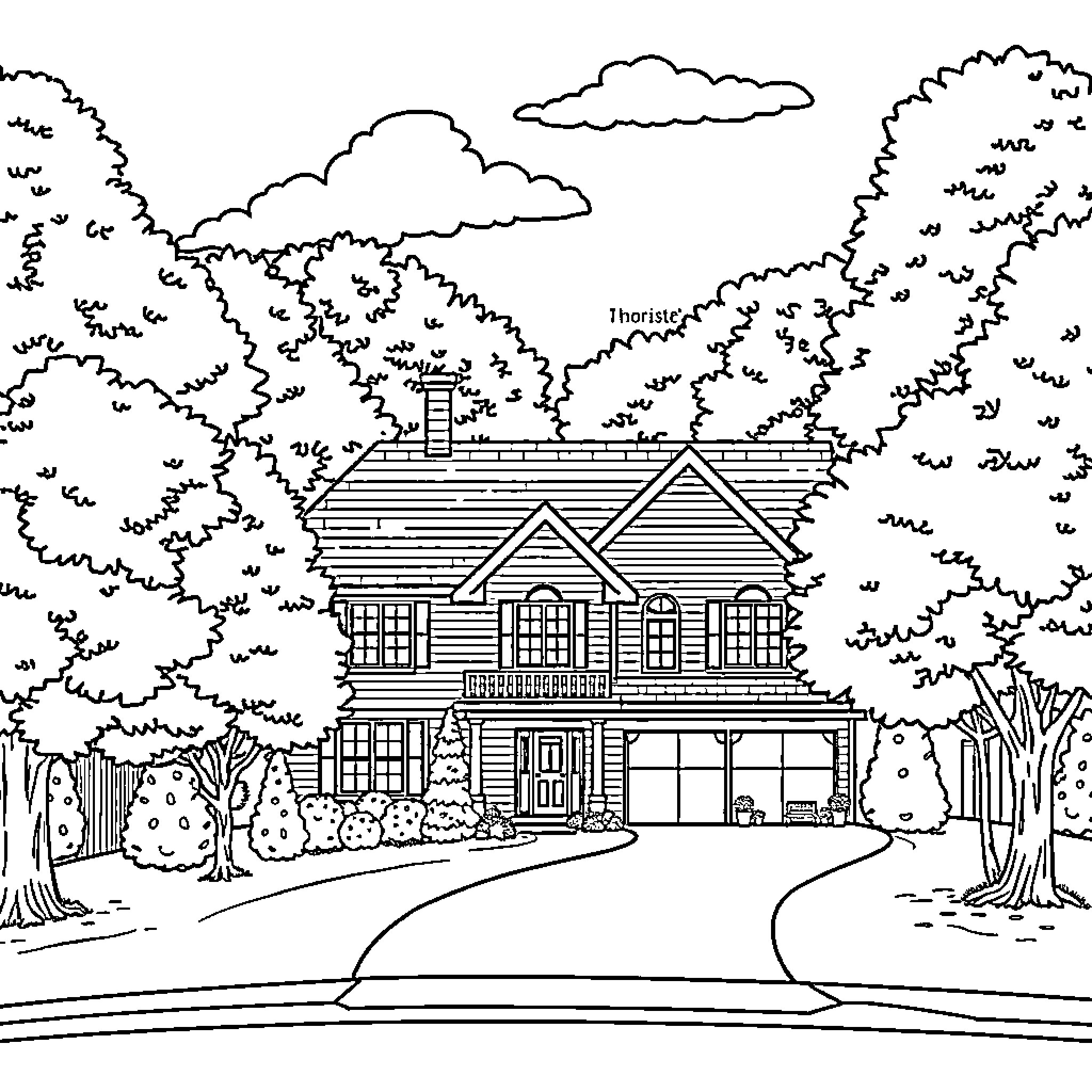 Location of cozy house in the forest Coloring Page (free black-and-white line drawing printable PDF for all, from beginners to advanced learners, including children, teens, adults, and seniors)