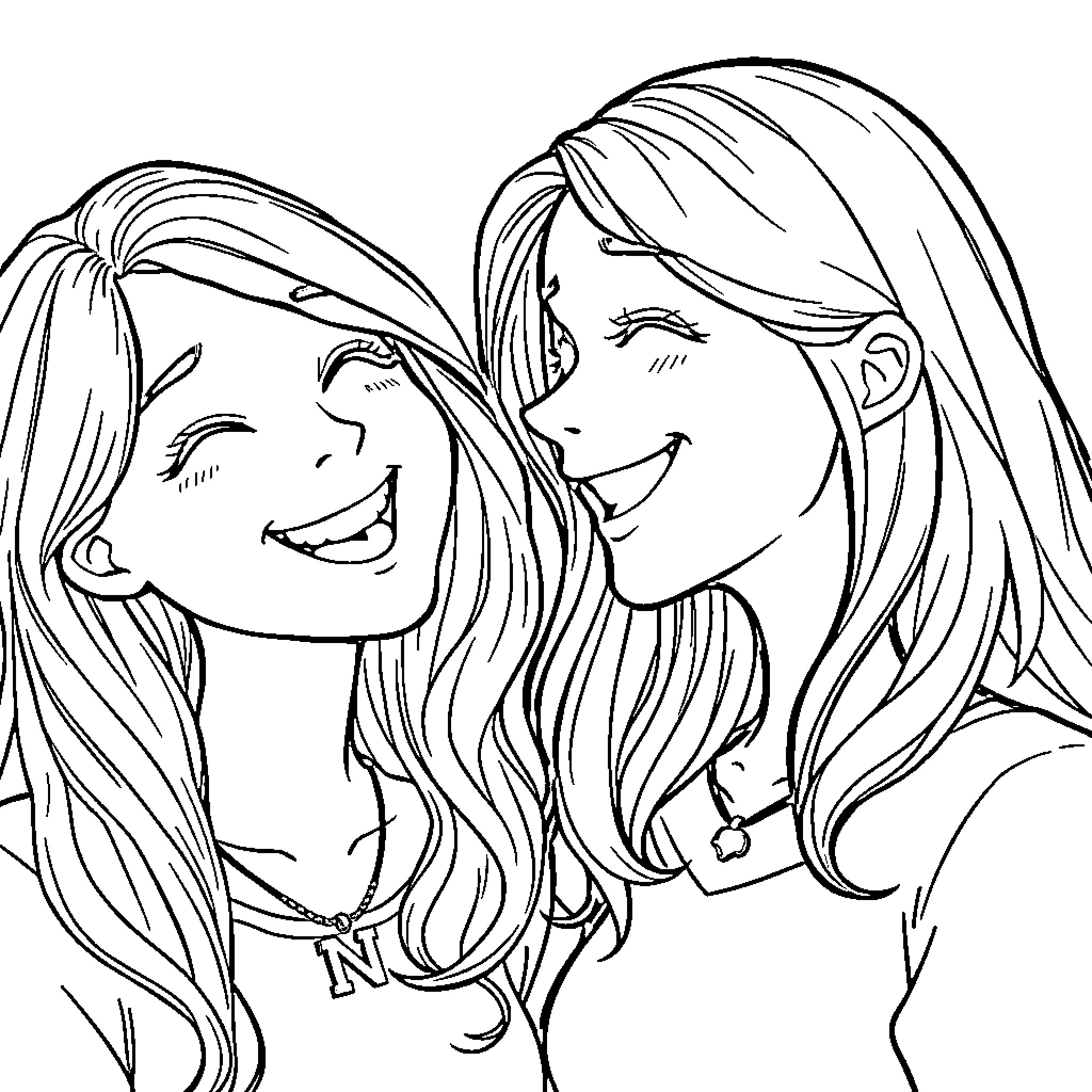 Girl friends smiling and laughing together Coloring Page (free black-and-white line drawing printable PDF for all, from beginners to advanced learners, including children, teens, adults, and seniors)