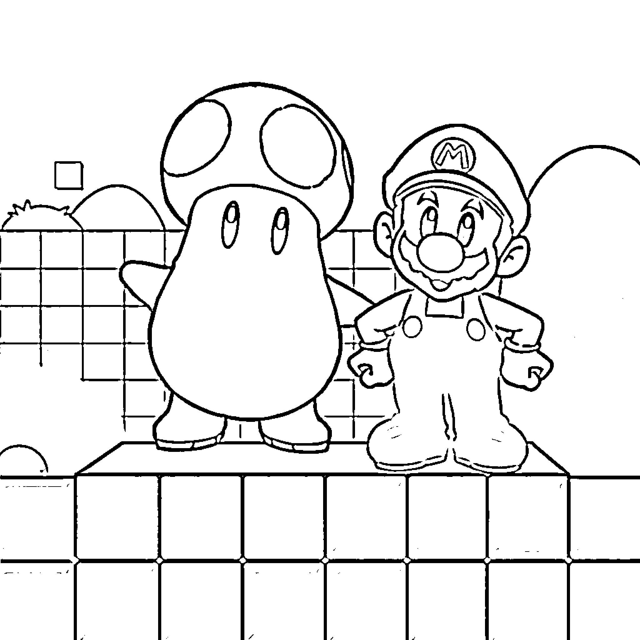Goomba and Mario in a Whimsical Scene Coloring Page (free black-and-white line drawing printable PDF for all, from beginners to advanced learners, including children, teens, adults, and seniors)