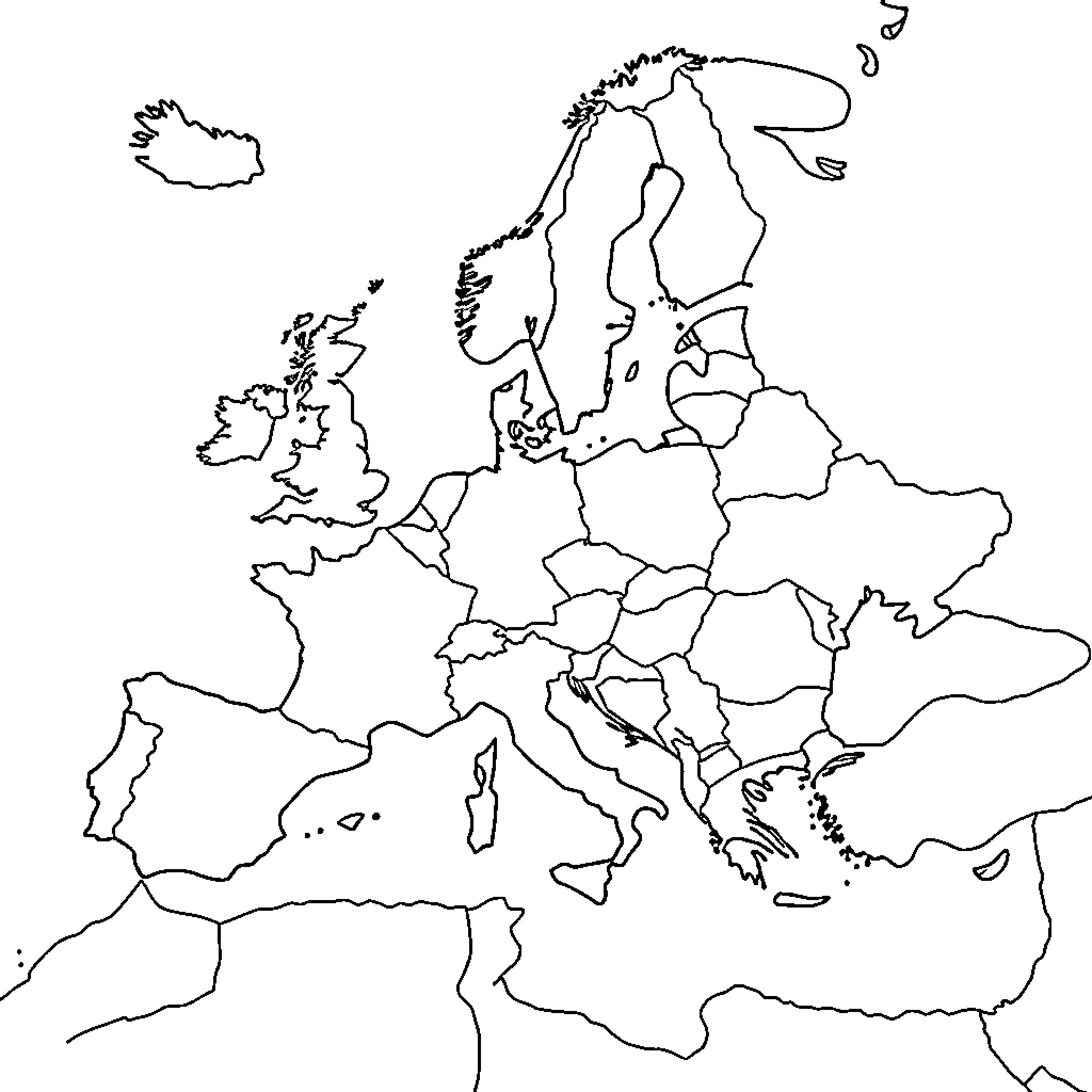 Europe Map with Simplified Country Outlines Coloring Page (free black-and-white line drawing printable PDF for all, from beginners to advanced learners, including children, teens, adults, and seniors)