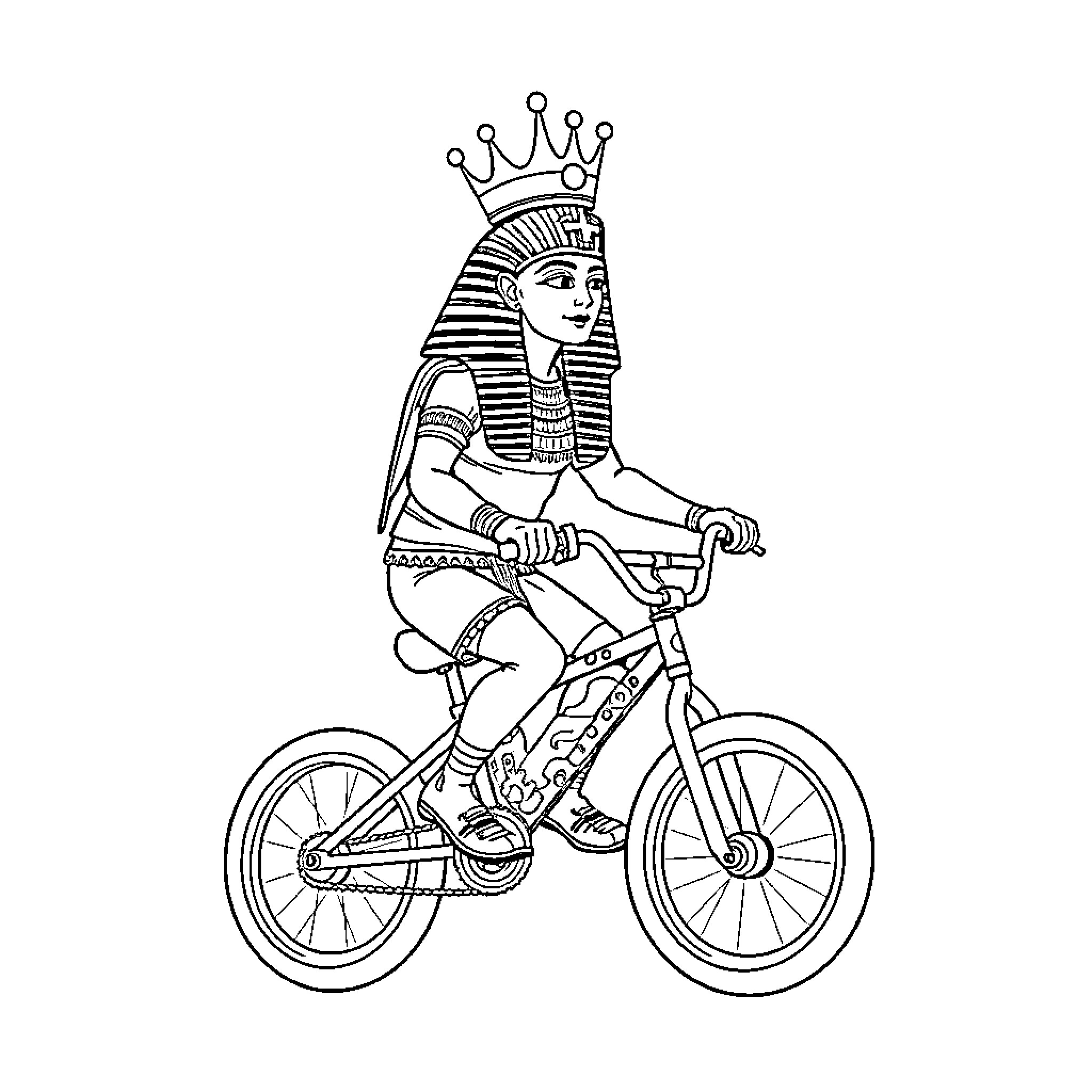 King Tut riding a bicycle Coloring Page (free black-and-white line drawing printable PDF for all, from beginners to advanced learners, including children, teens, adults, and seniors)