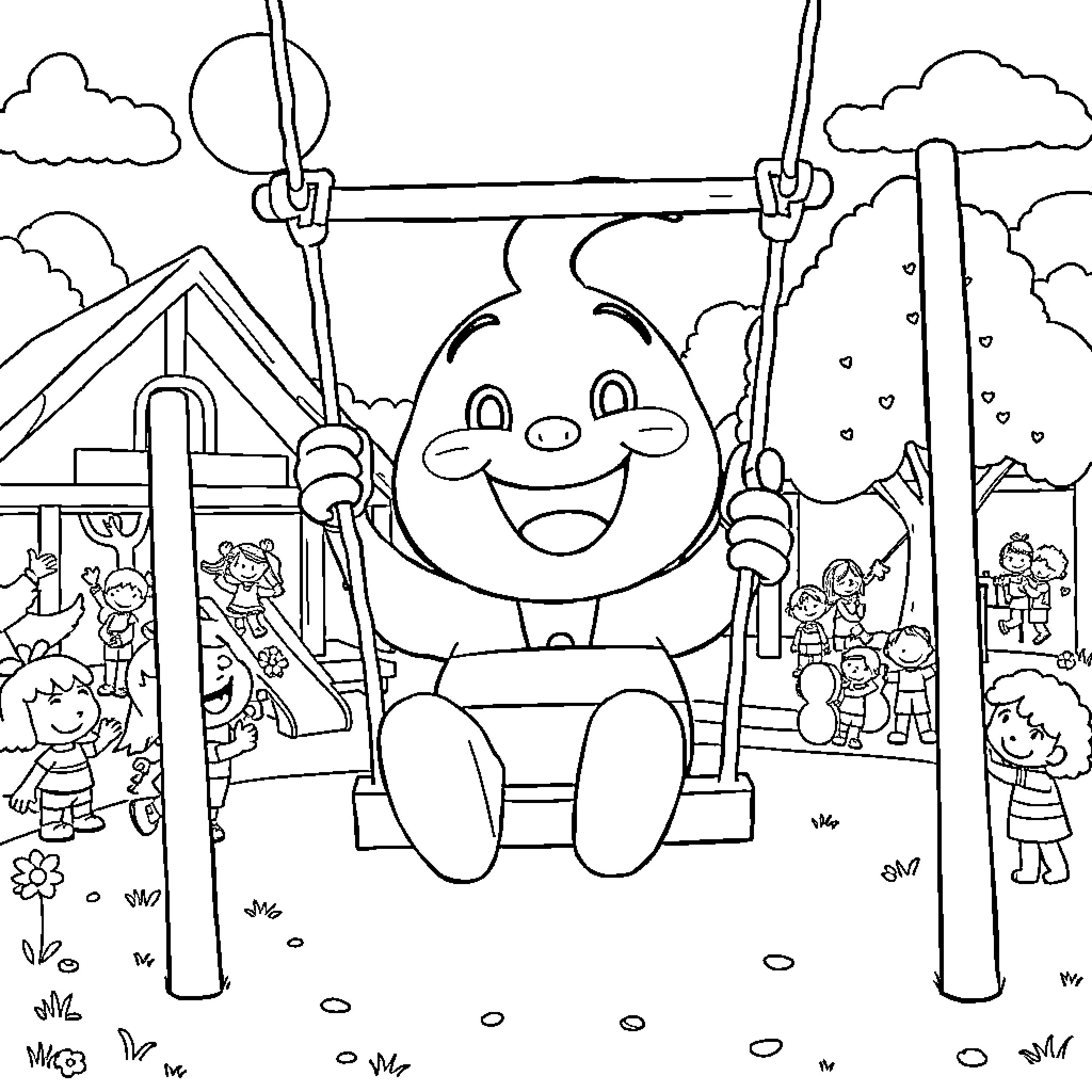 Papelucho playing happily on the swing in the park Coloring Page (free black-and-white line drawing printable PDF for all, from beginners to advanced learners, including children, teens, adults, and seniors)