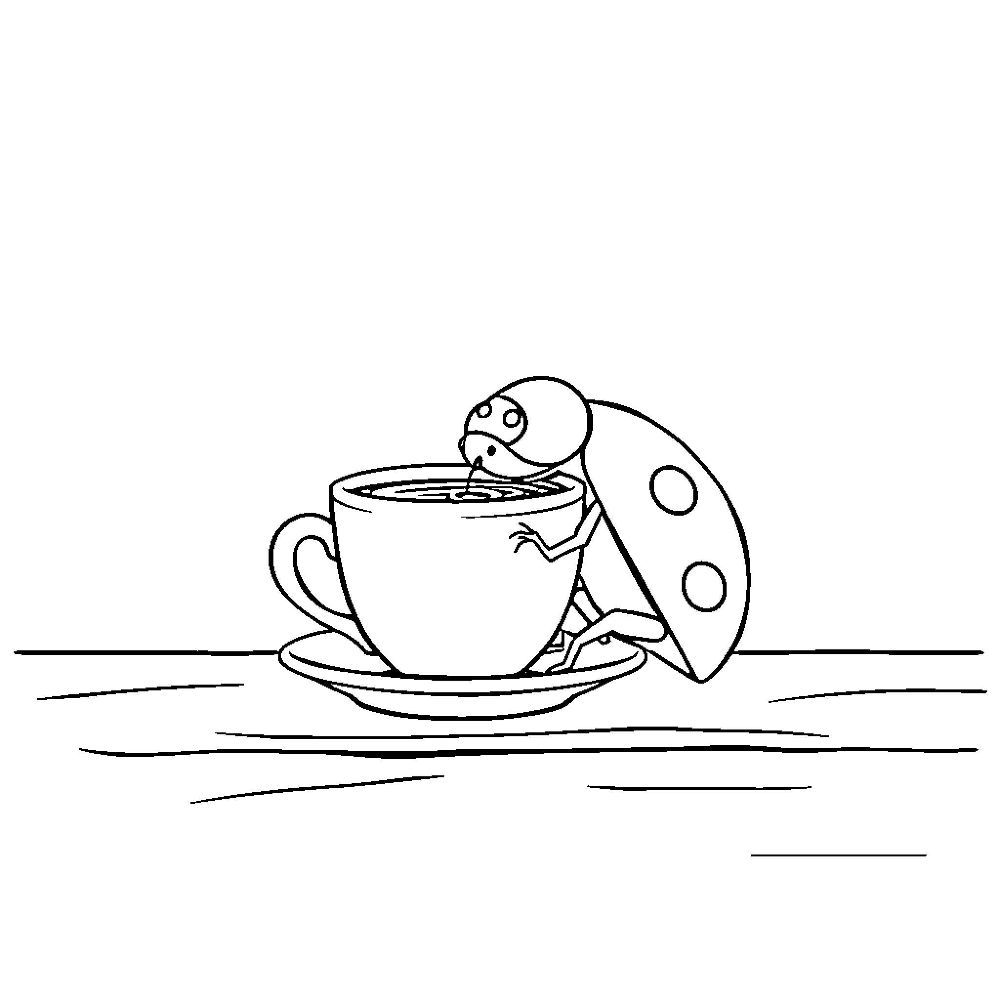 Ladybug enjoying a warm cup of tea Coloring Page (free black-and-white line drawing printable PDF for all, from beginners to advanced learners, including children, teens, adults, and seniors)