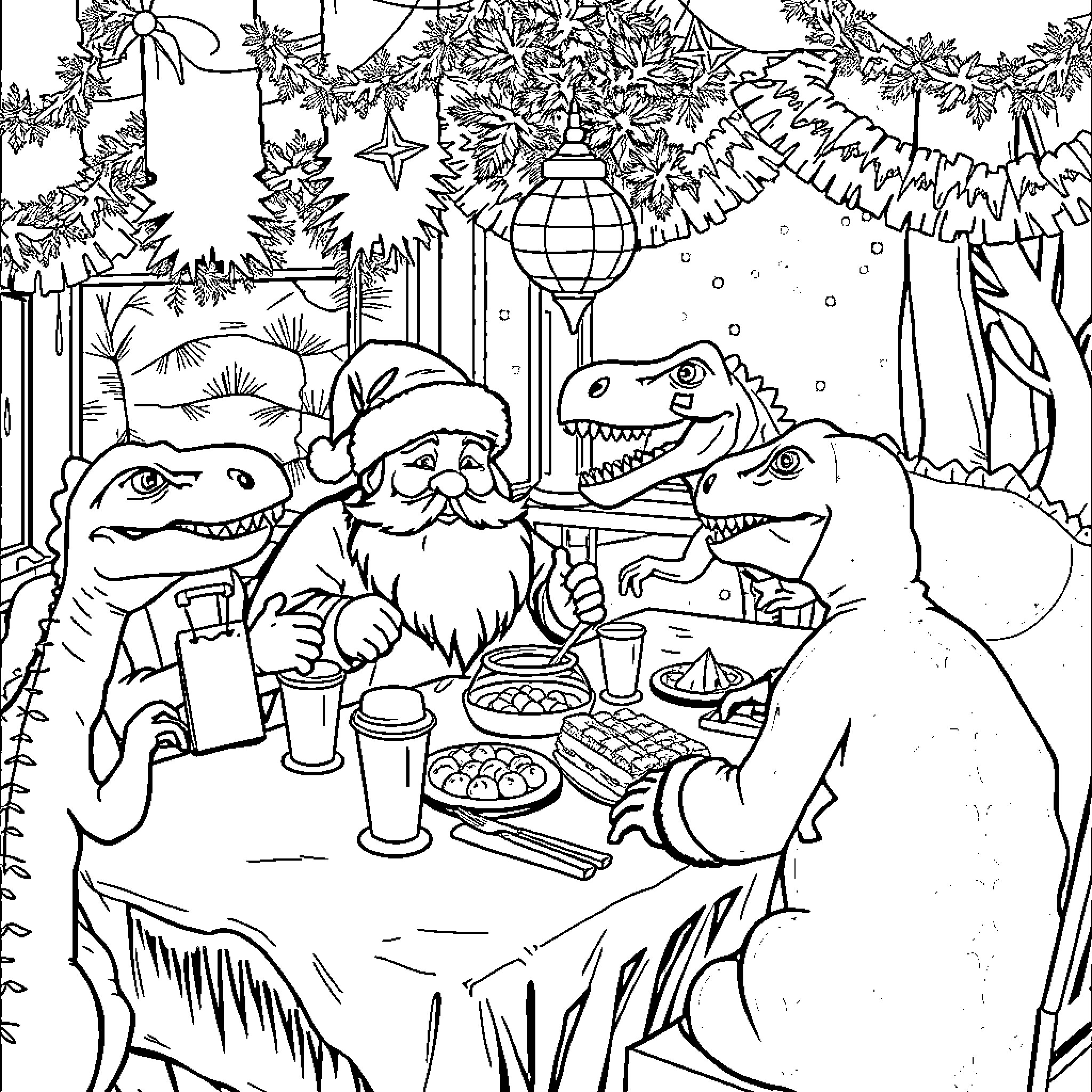 Santa's Festive Feast with Dinosaur Friends Coloring Page (free black-and-white line drawing printable PDF for all, from beginners to advanced learners, including children, teens, adults, and seniors)