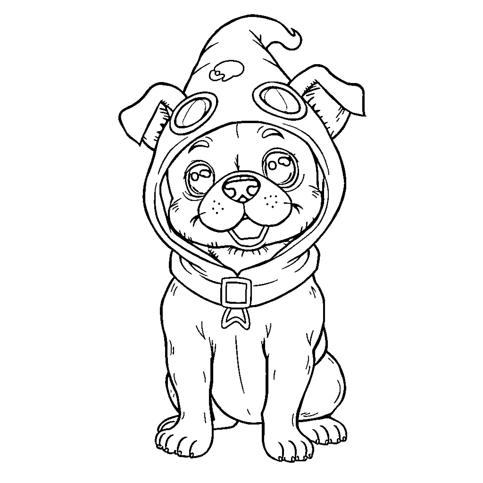 Dog wearing cute costume and smiling Coloring Page (free black-and-white line drawing printable PDF for all, from beginners to advanced learners, including children, teens, adults, and seniors)