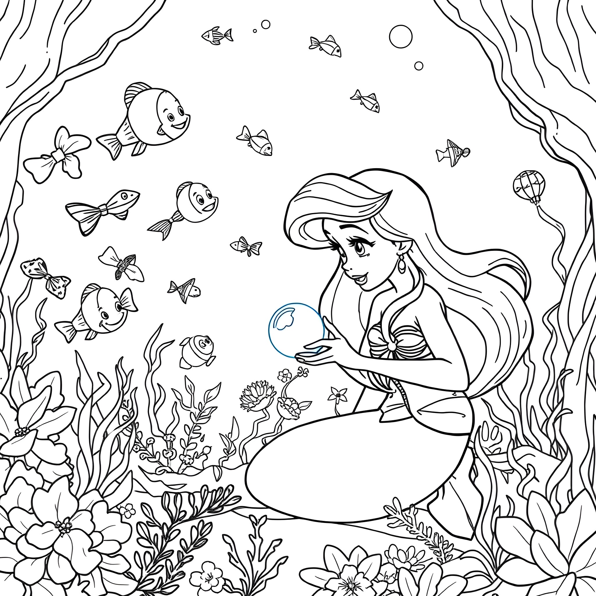 Mermaid exploring the enchanting underwater world Coloring Page (free black-and-white line drawing printable PDF for all, from beginners to advanced learners, including children, teens, adults, and seniors)