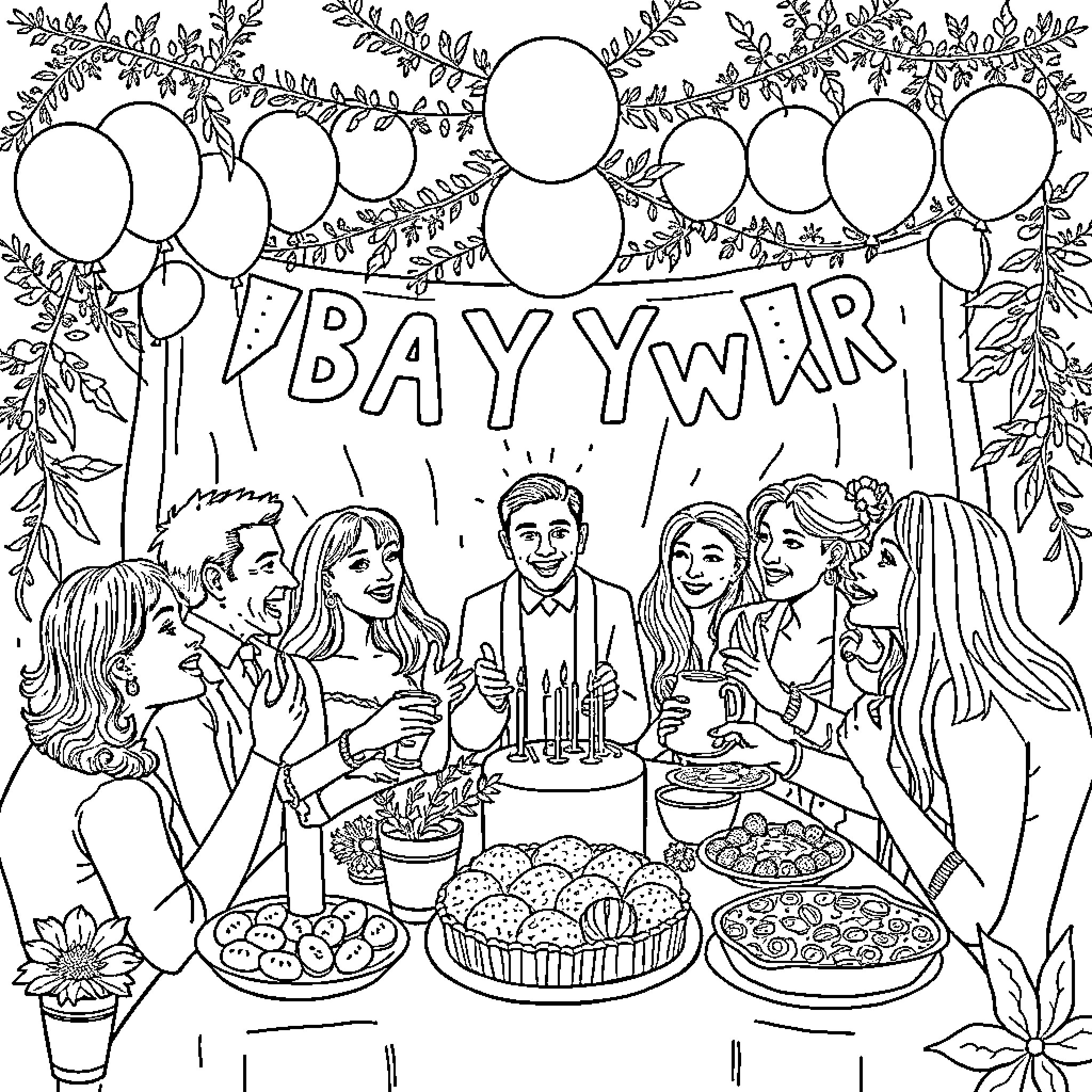 Baby Shower Celebration with Family and Friends Coloring Page (free black-and-white line drawing printable PDF for all, from beginners to advanced learners, including children, teens, adults, and seniors)