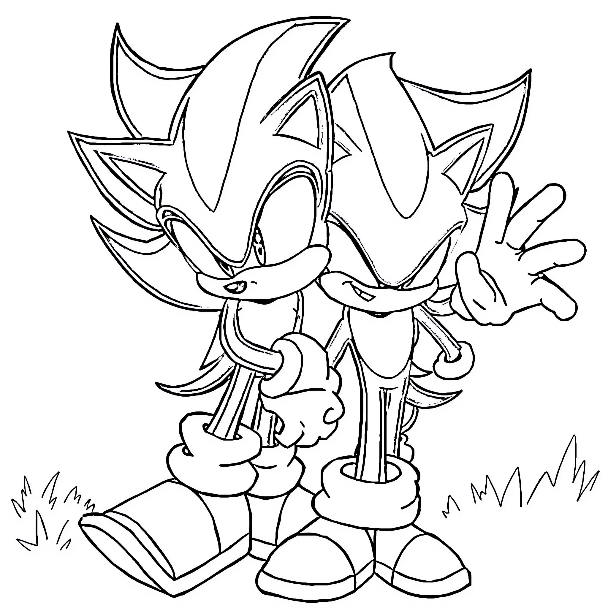 Sonadow Sonic and Shadow embracing playfully Coloring Page (free black-and-white line drawing printable PDF for all, from beginners to advanced learners, including children, teens, adults, and seniors)