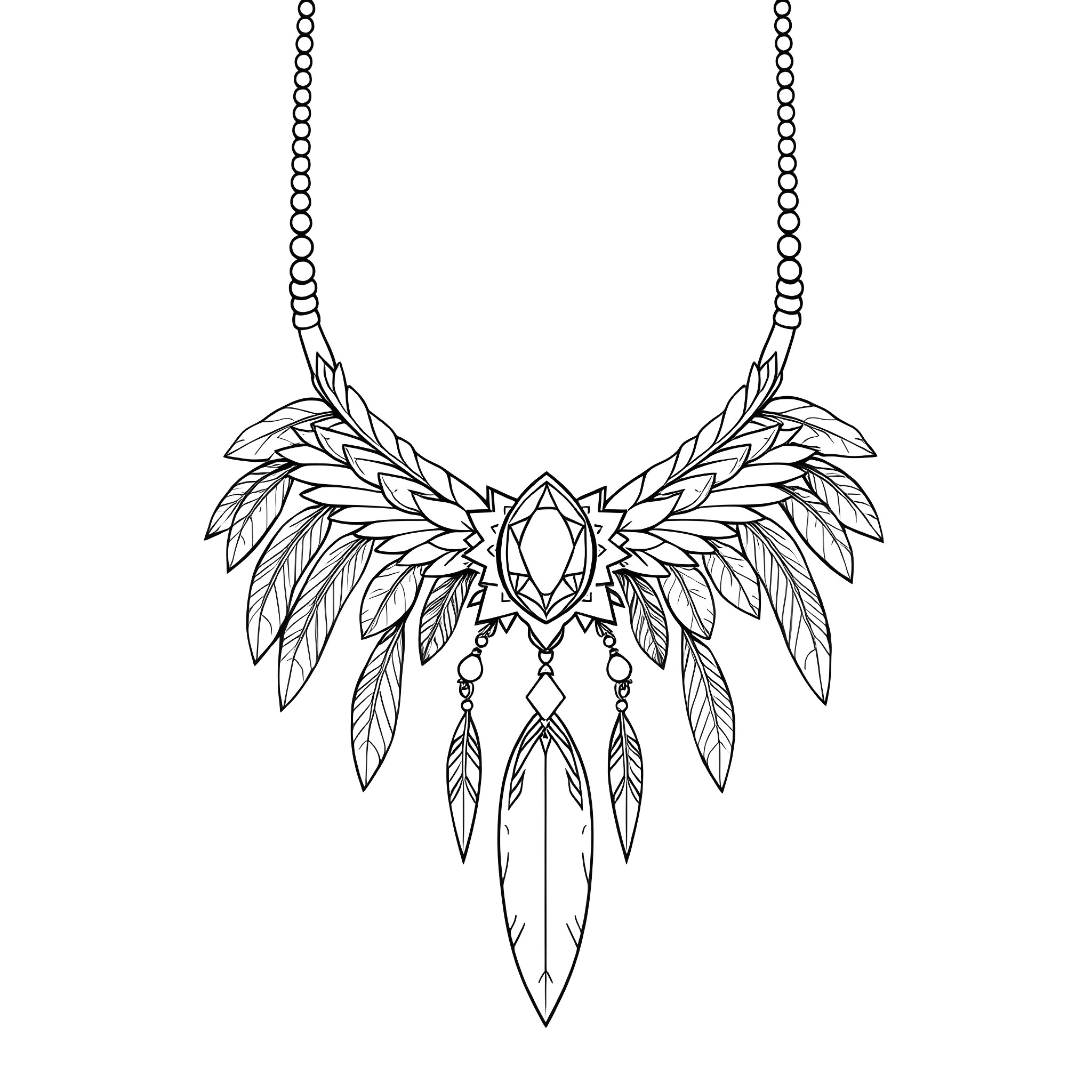 Pocahontas Inspired Tribal Feather Necklace Coloring Page (free black-and-white line drawing printable PDF for all, from beginners to advanced learners, including children, teens, adults, and seniors)