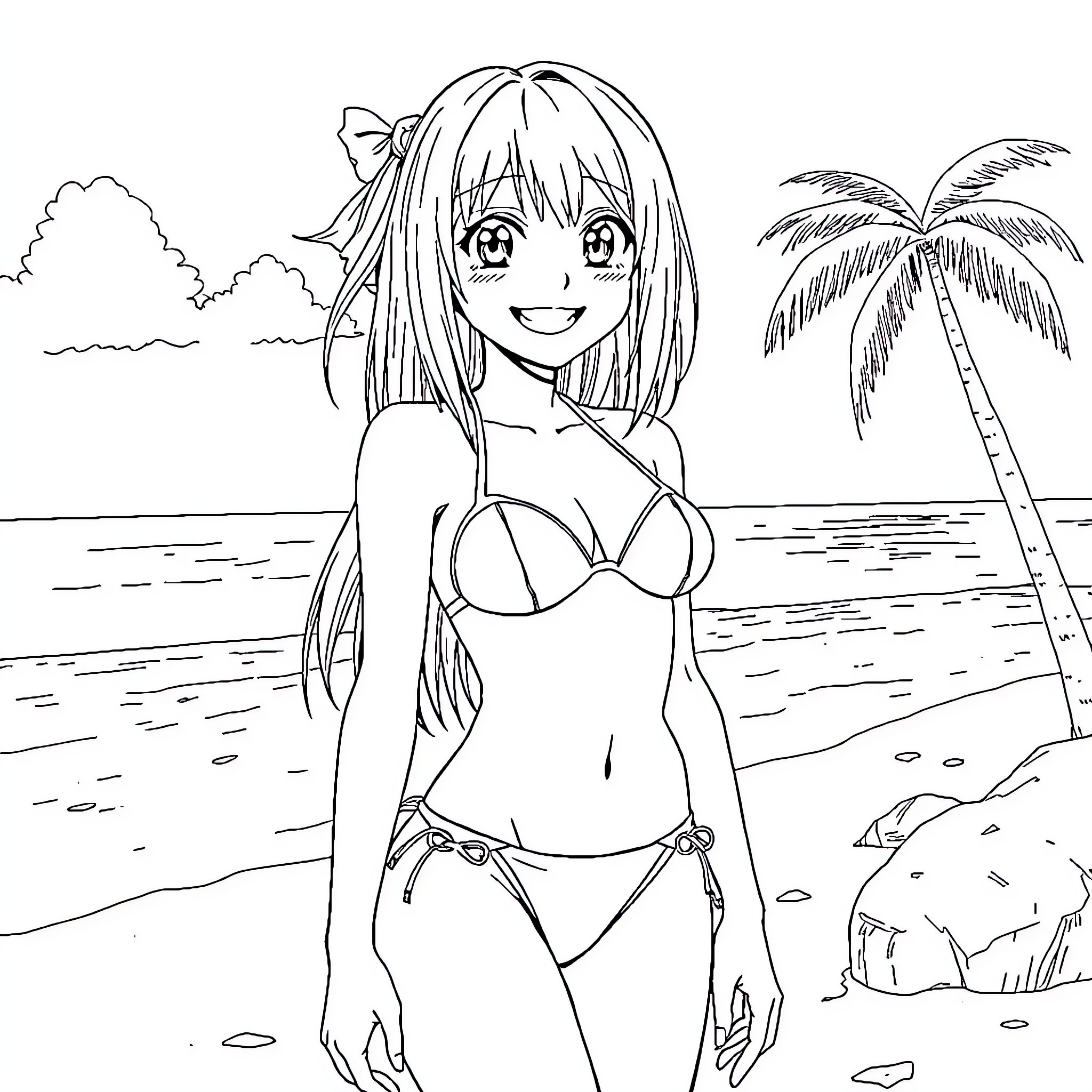 Misa Amane enjoying a sunny day at the beach Coloring Page (free black-and-white line drawing printable PDF for all, from beginners to advanced learners, including children, teens, adults, and seniors)