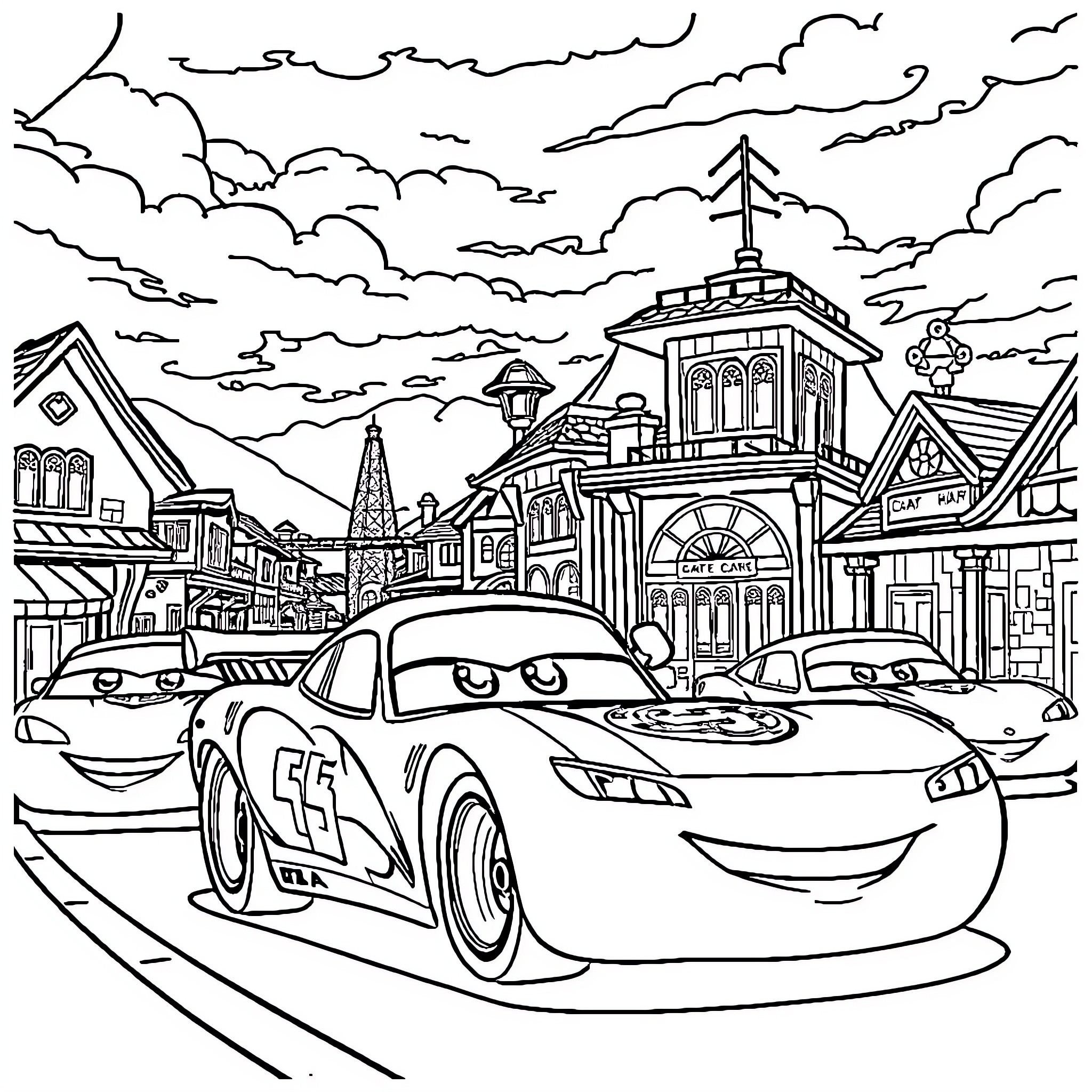 Car Racing in Animated Town Coloring Page (free black-and-white line drawing printable PDF for all, from beginners to advanced learners, including children, teens, adults, and seniors)